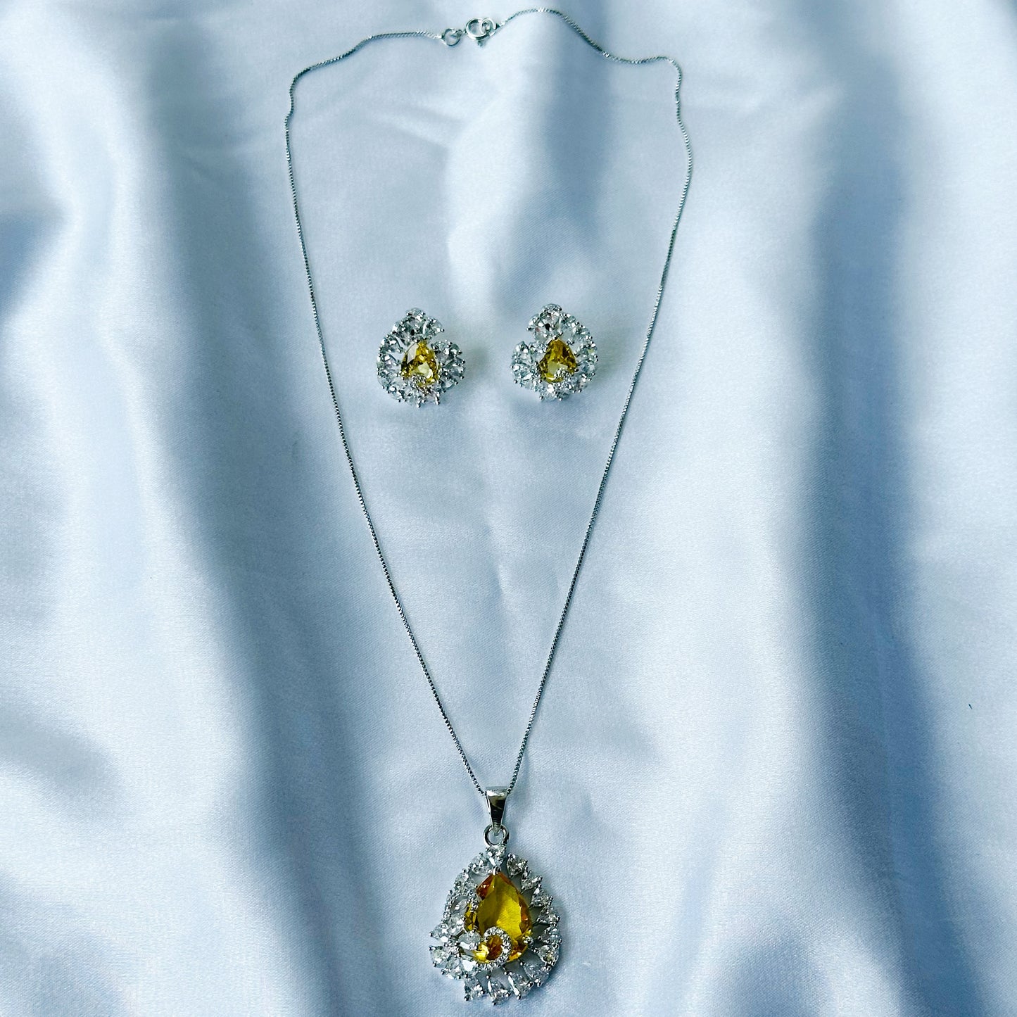 Yellow Topaz Cubic Zircon American Diamond Silver Plated Pendant Set