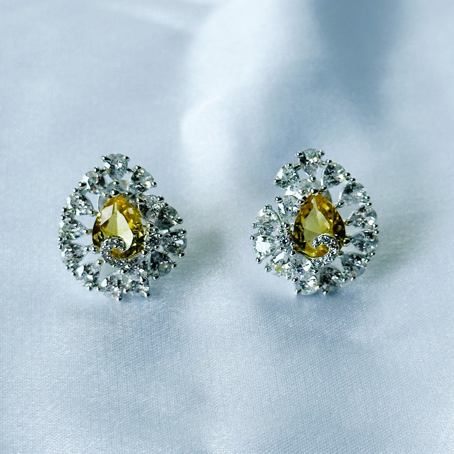 Yellow Topaz Cubic Zircon American Diamond Silver Plated Pendant Set