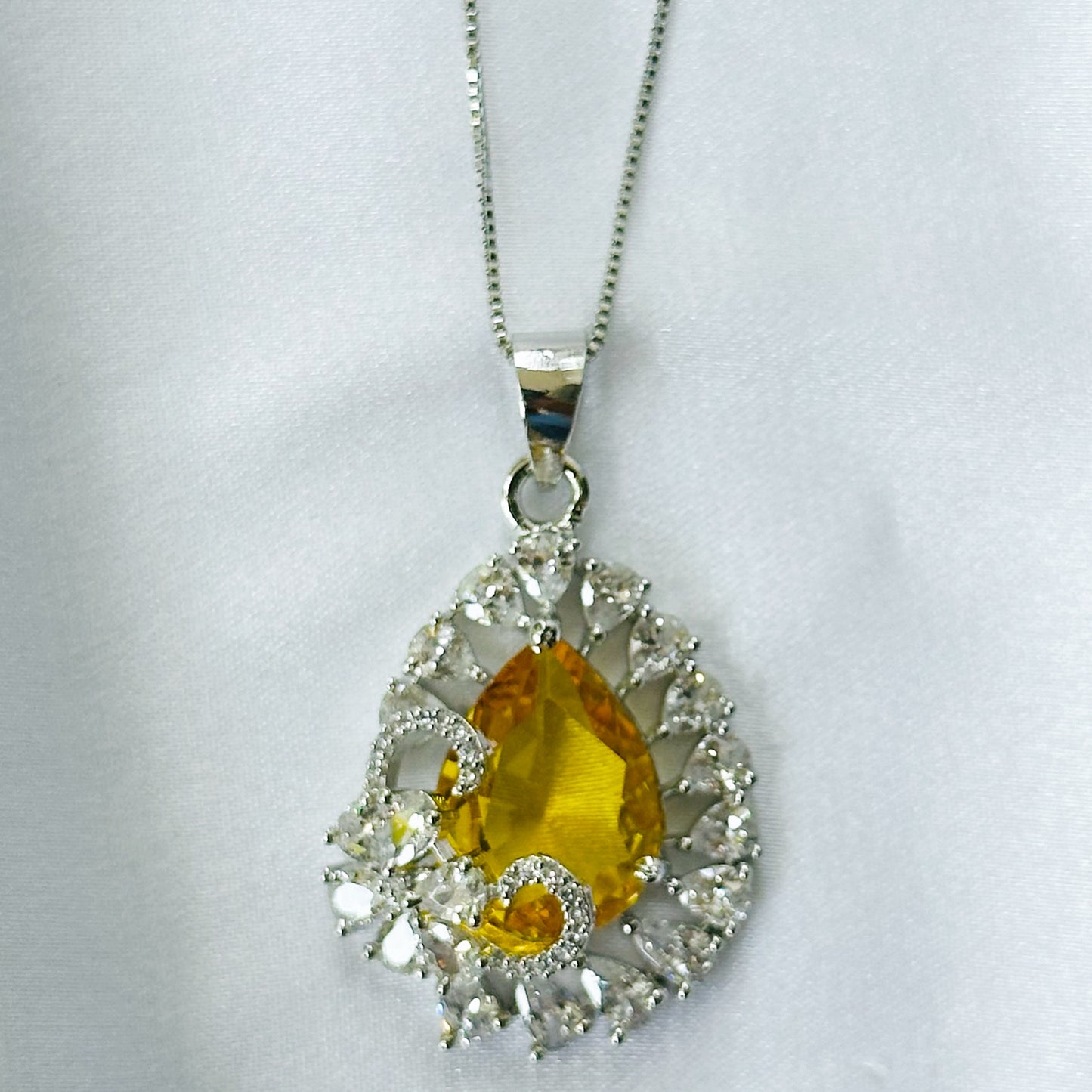 Yellow Topaz Cubic Zircon American Diamond Silver Plated Pendant Set