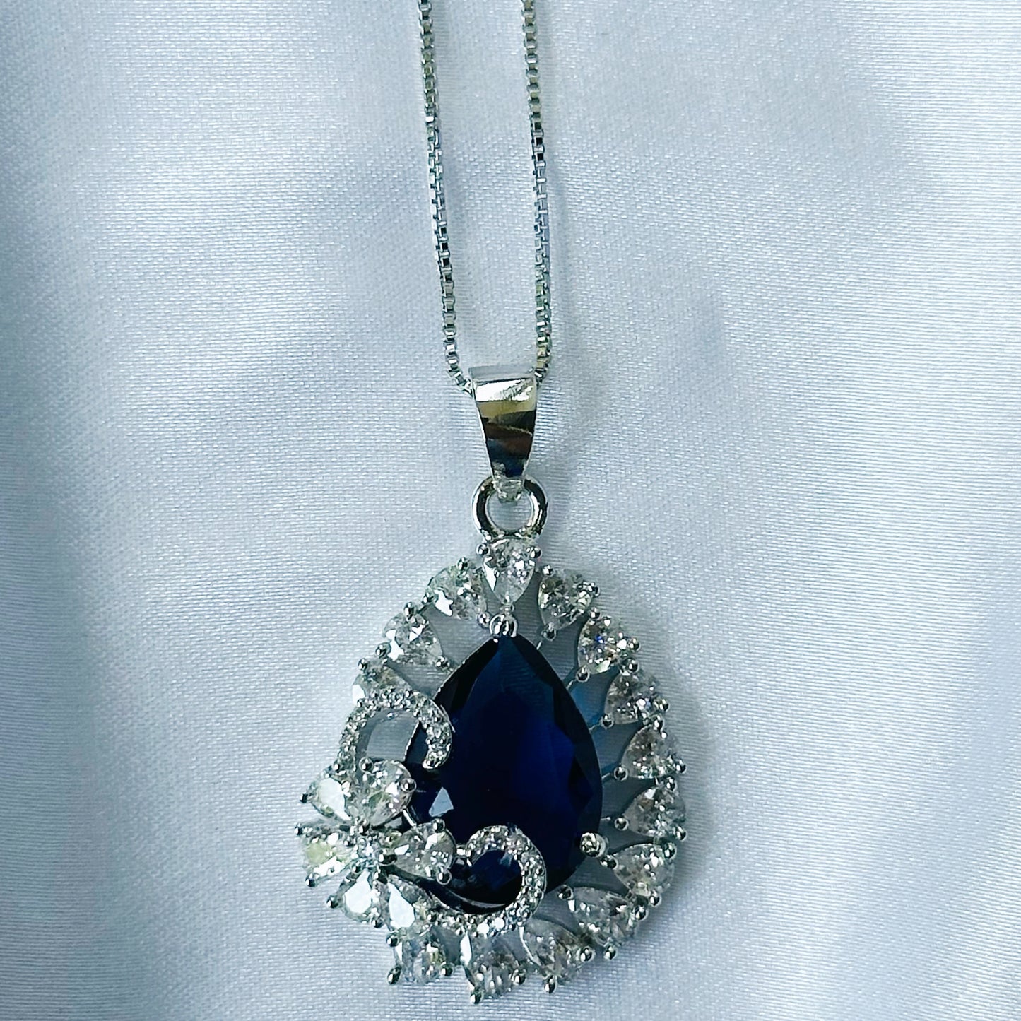 Blue Sapphire Cubic Zircon American Diamond Silver Plated Pendant Set