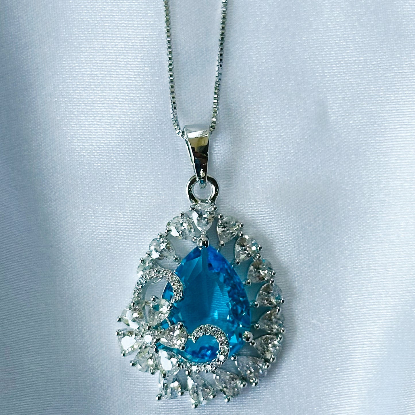 Aqua Blue Sapphire Cubic Zircon American Diamond Silver Plated Pendant Set