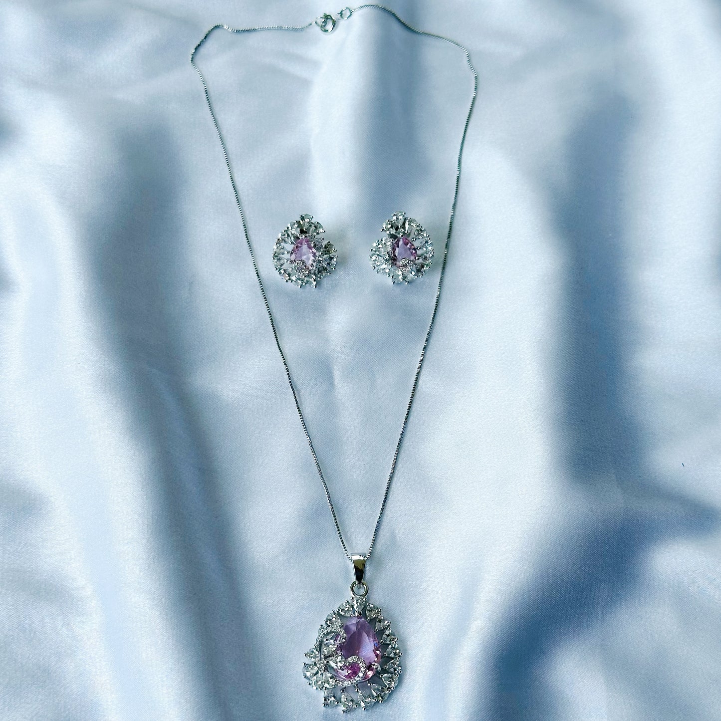 Pink Topaz Cubic Zircon American Diamond Silver Plated Pendant Set