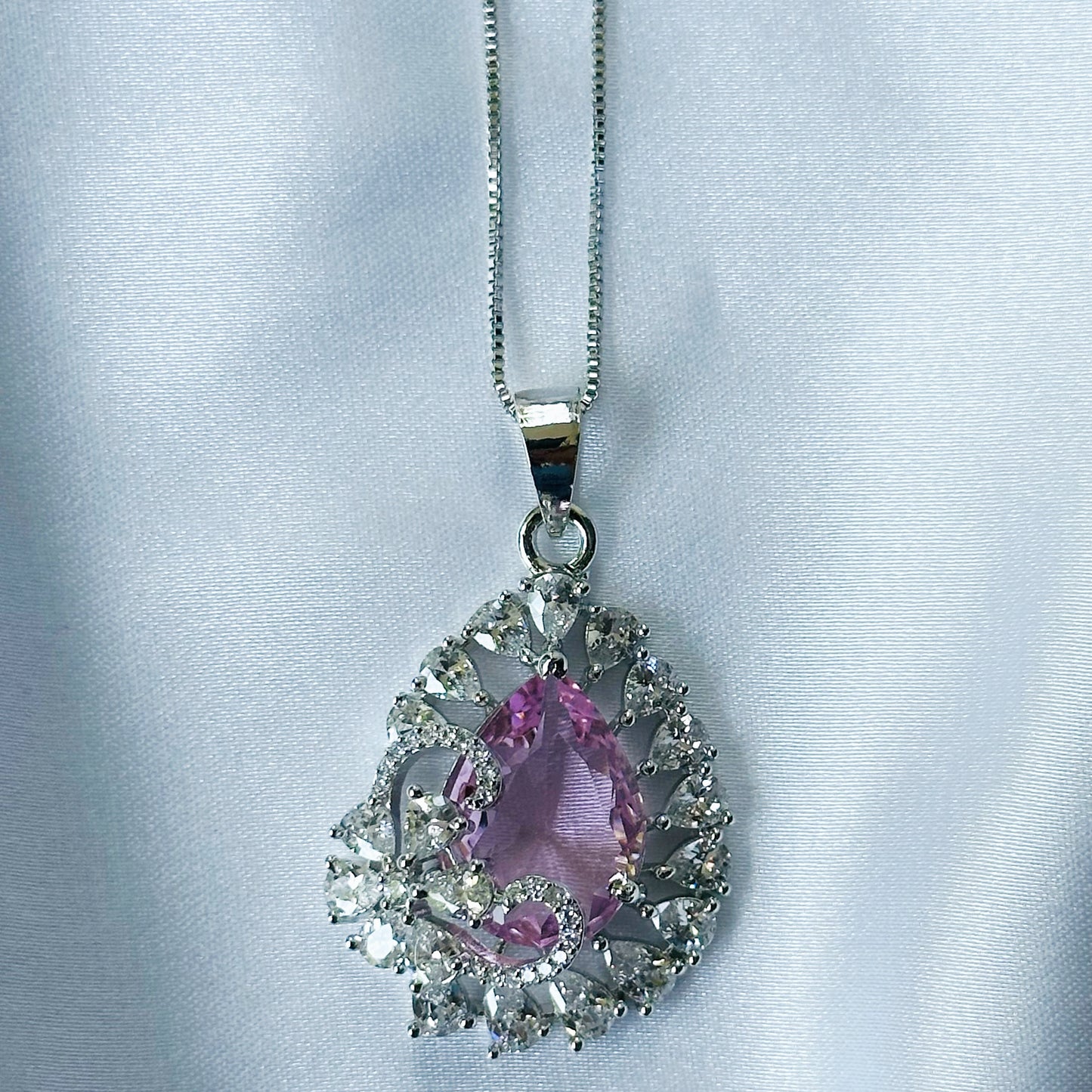 Pink Topaz Cubic Zircon American Diamond Silver Plated Pendant Set