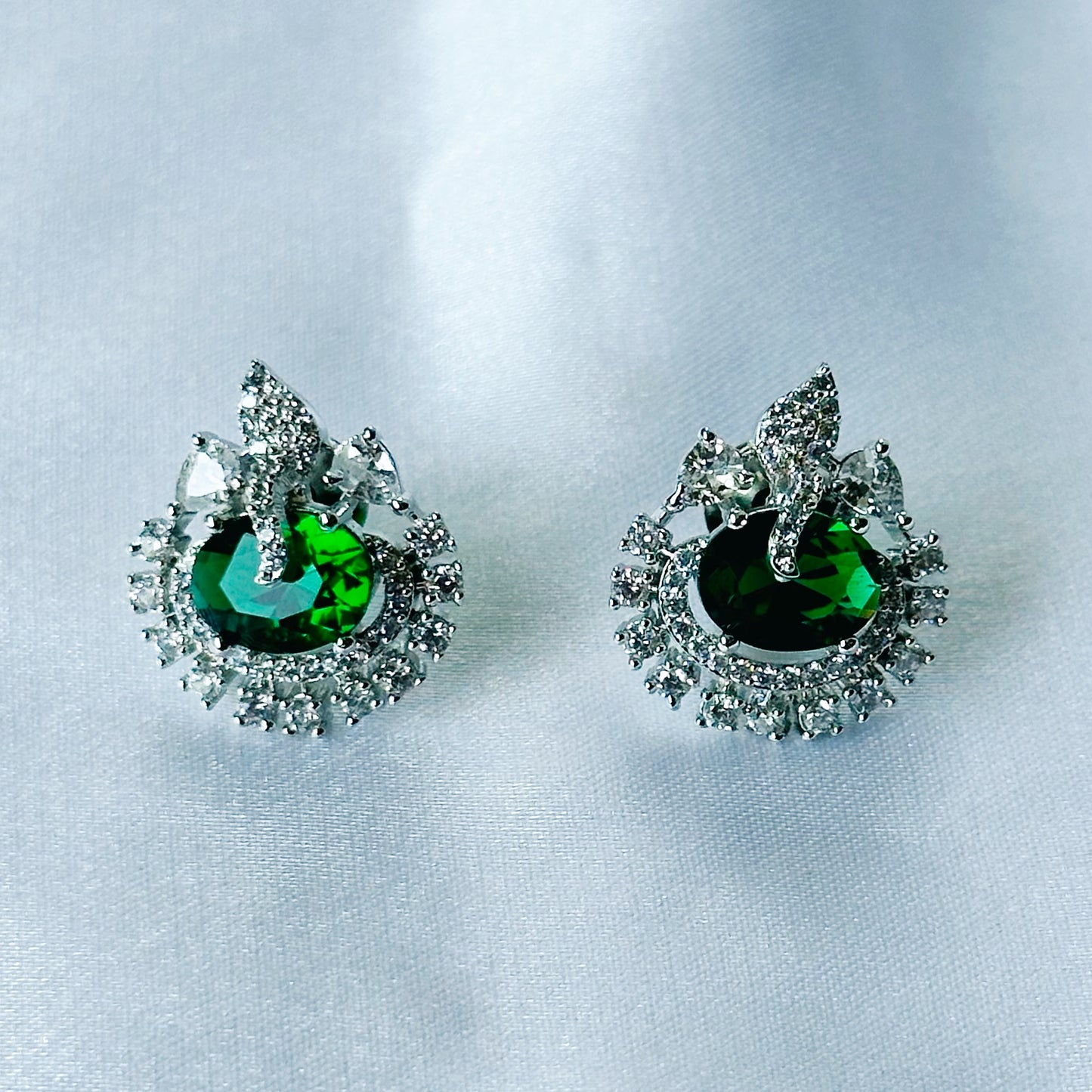 Green Emerald Cubic Zircon American Diamond Silver Plated Pendant Set