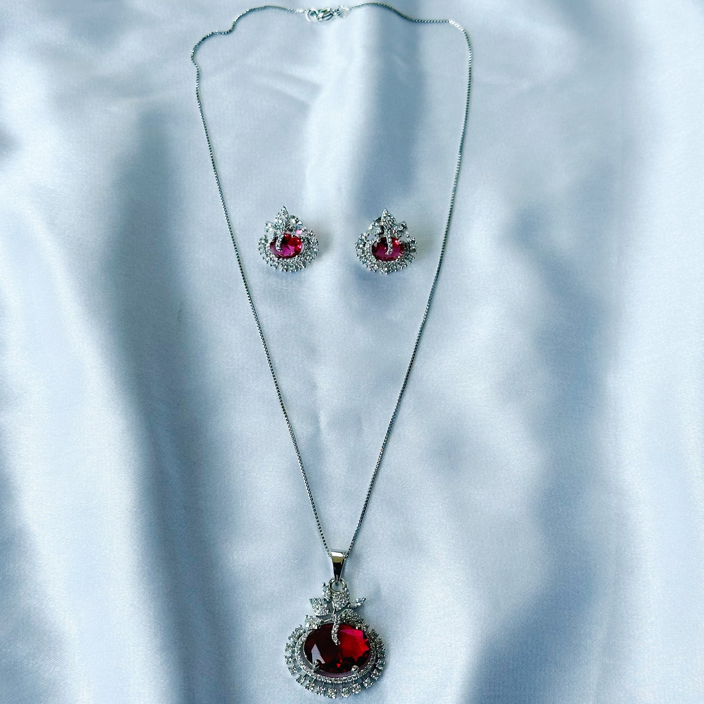 Red Ruby Cubic Zircon American Diamond Silver Plated Pendant Set