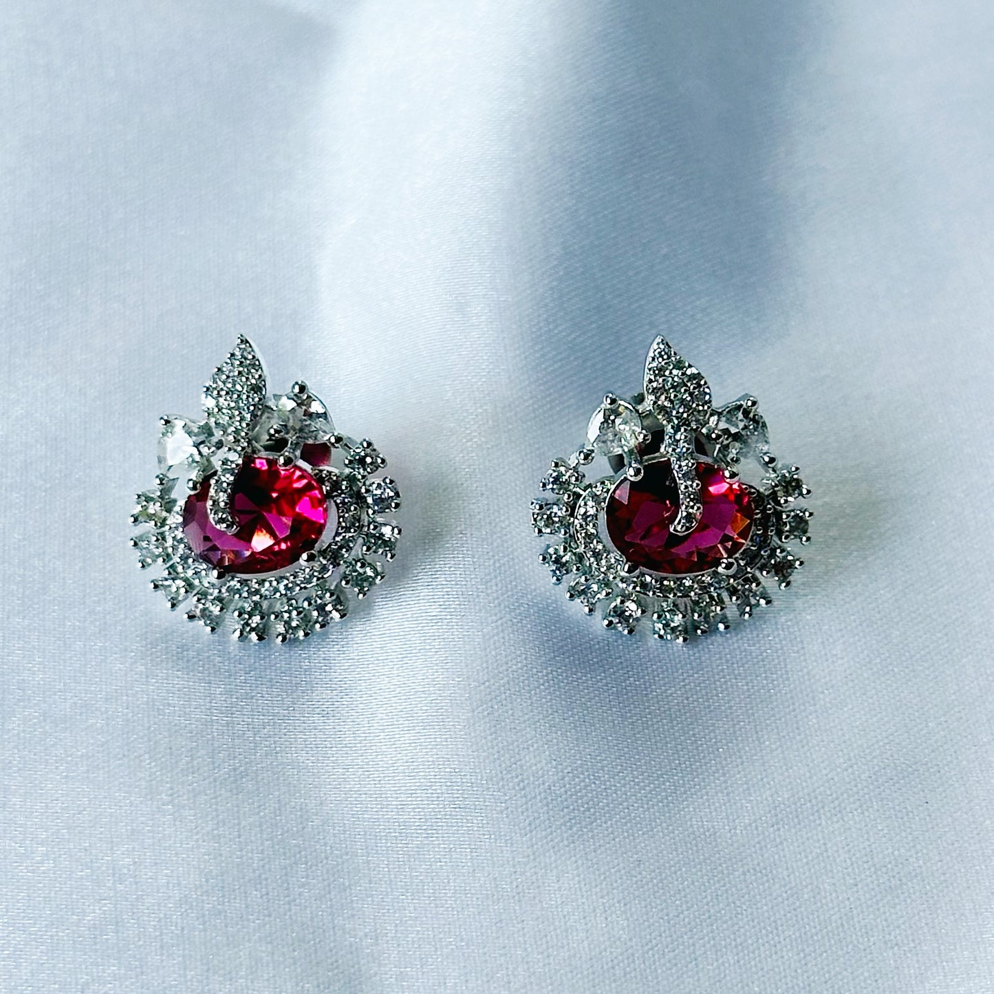 Red Ruby Cubic Zircon American Diamond Silver Plated Pendant Set