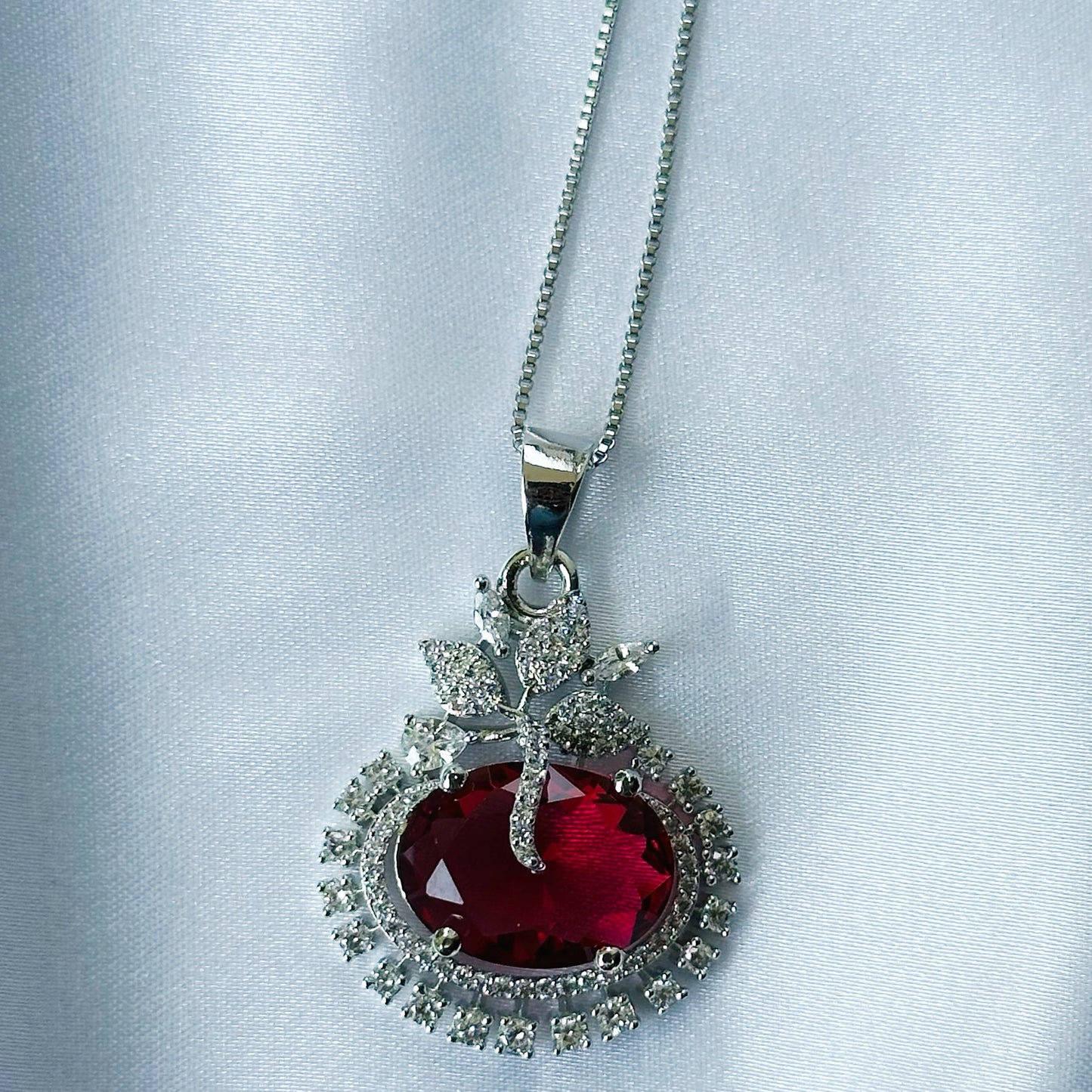 Red Ruby Cubic Zircon American Diamond Silver Plated Pendant Set