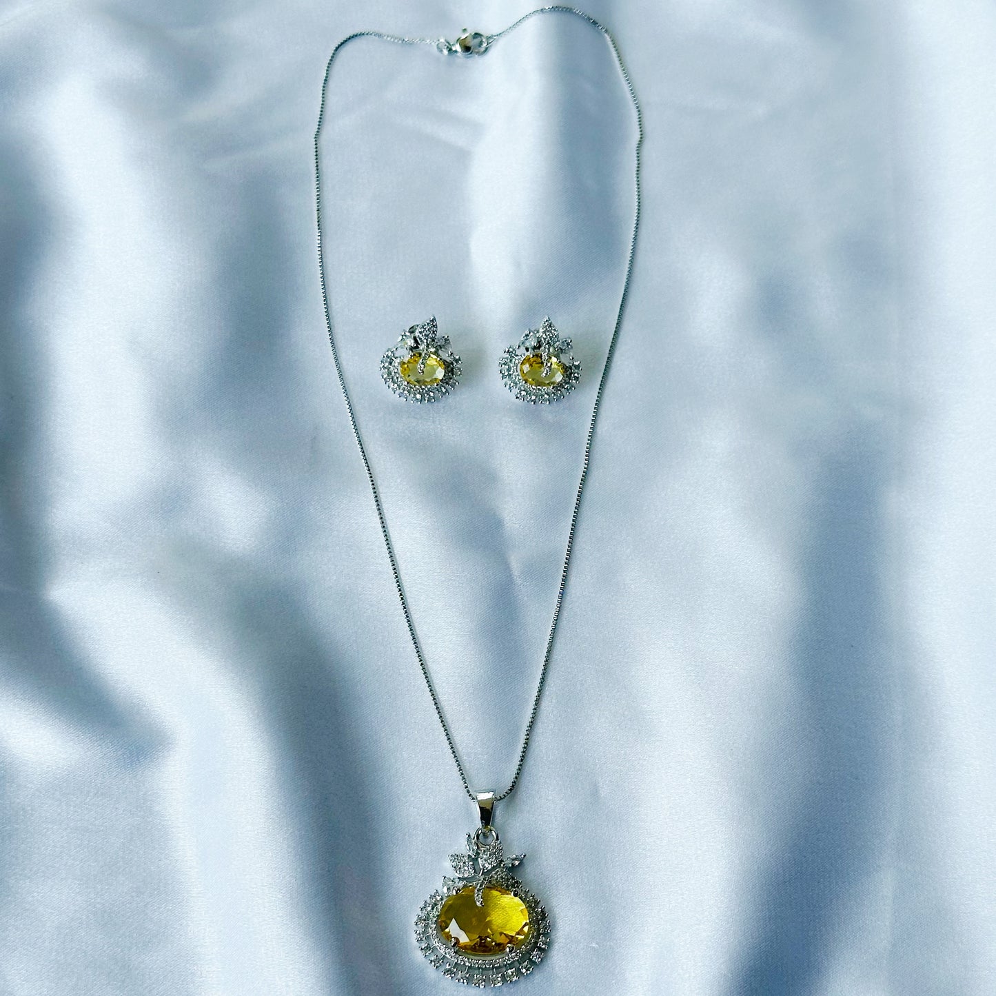 Yellow Topaz Cubic Zircon American Diamond Silver Plated Pendant Set