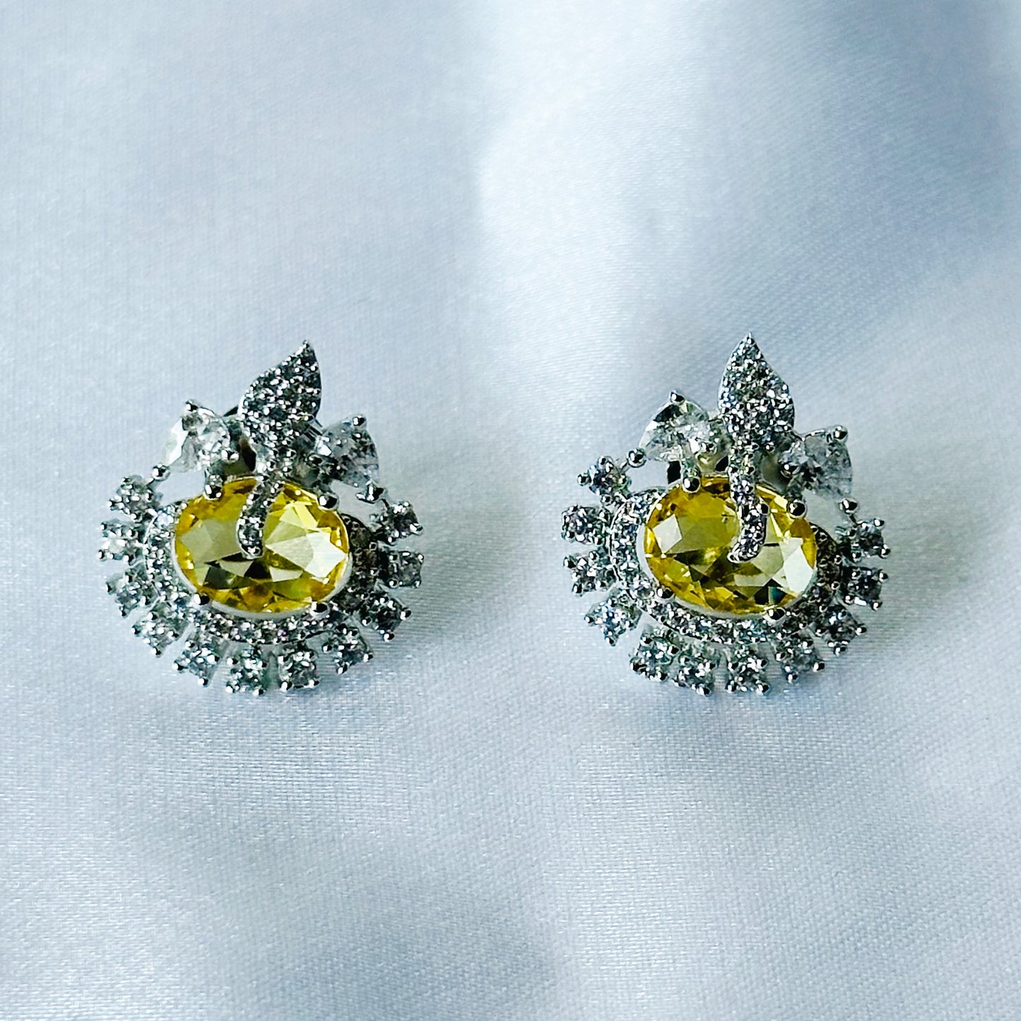 Yellow Topaz Cubic Zircon American Diamond Silver Plated Pendant Set