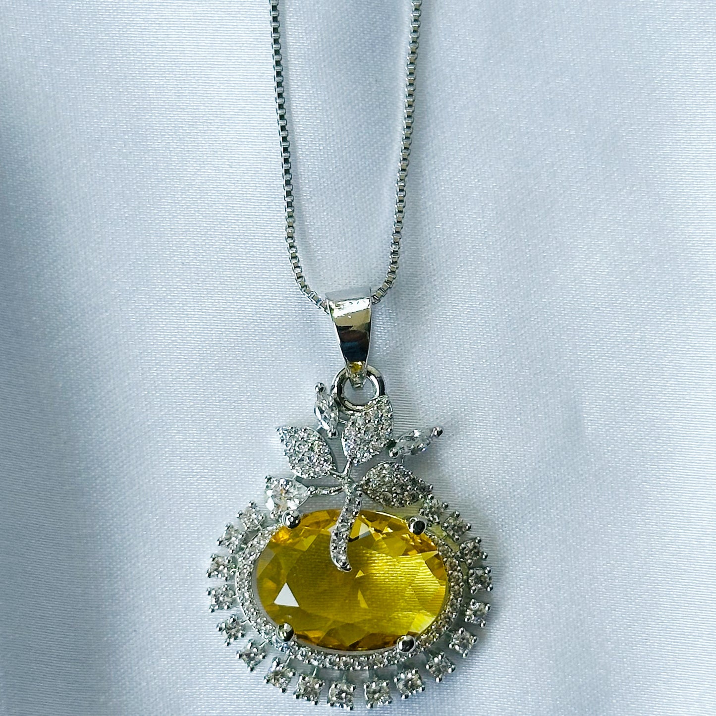 Yellow Topaz Cubic Zircon American Diamond Silver Plated Pendant Set