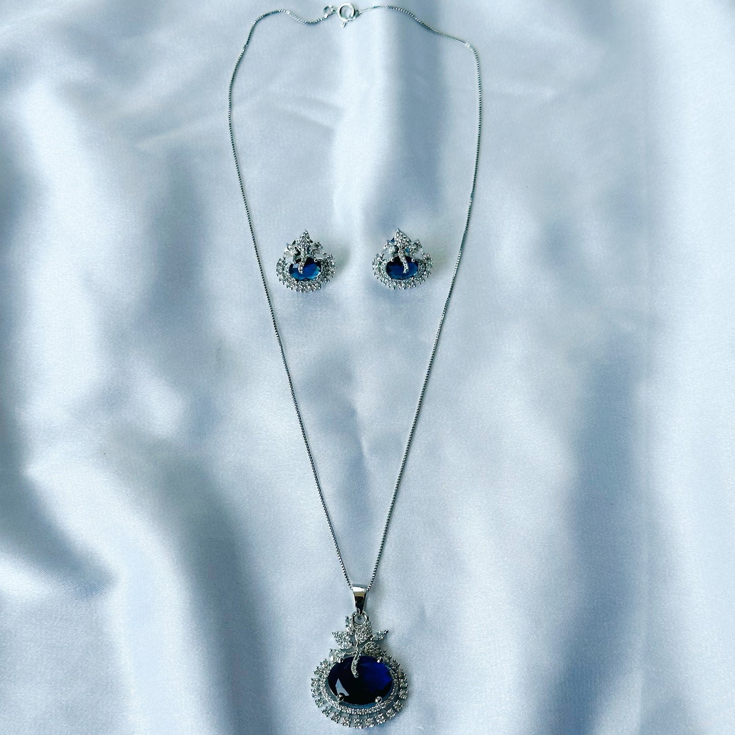 Blue Sapphire Cubic Zircon American Diamond Silver Plated Pendant Set