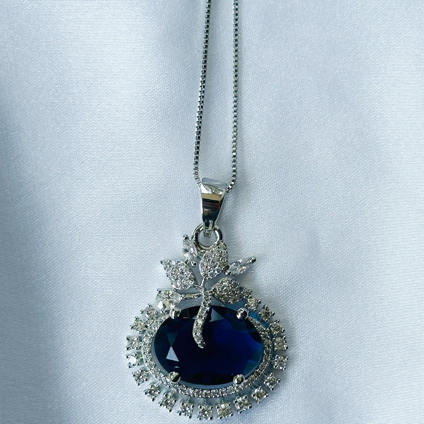 Blue Sapphire Cubic Zircon American Diamond Silver Plated Pendant Set