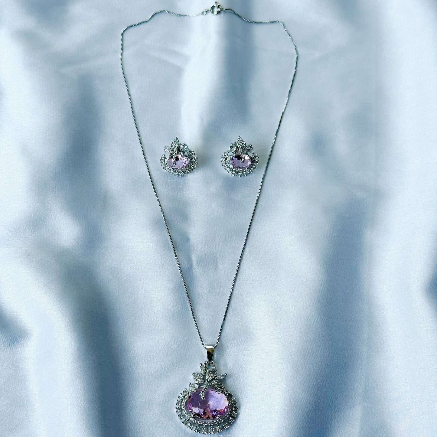 Pink Topaz Cubic Zircon American Diamond Silver Plated Pendant Set