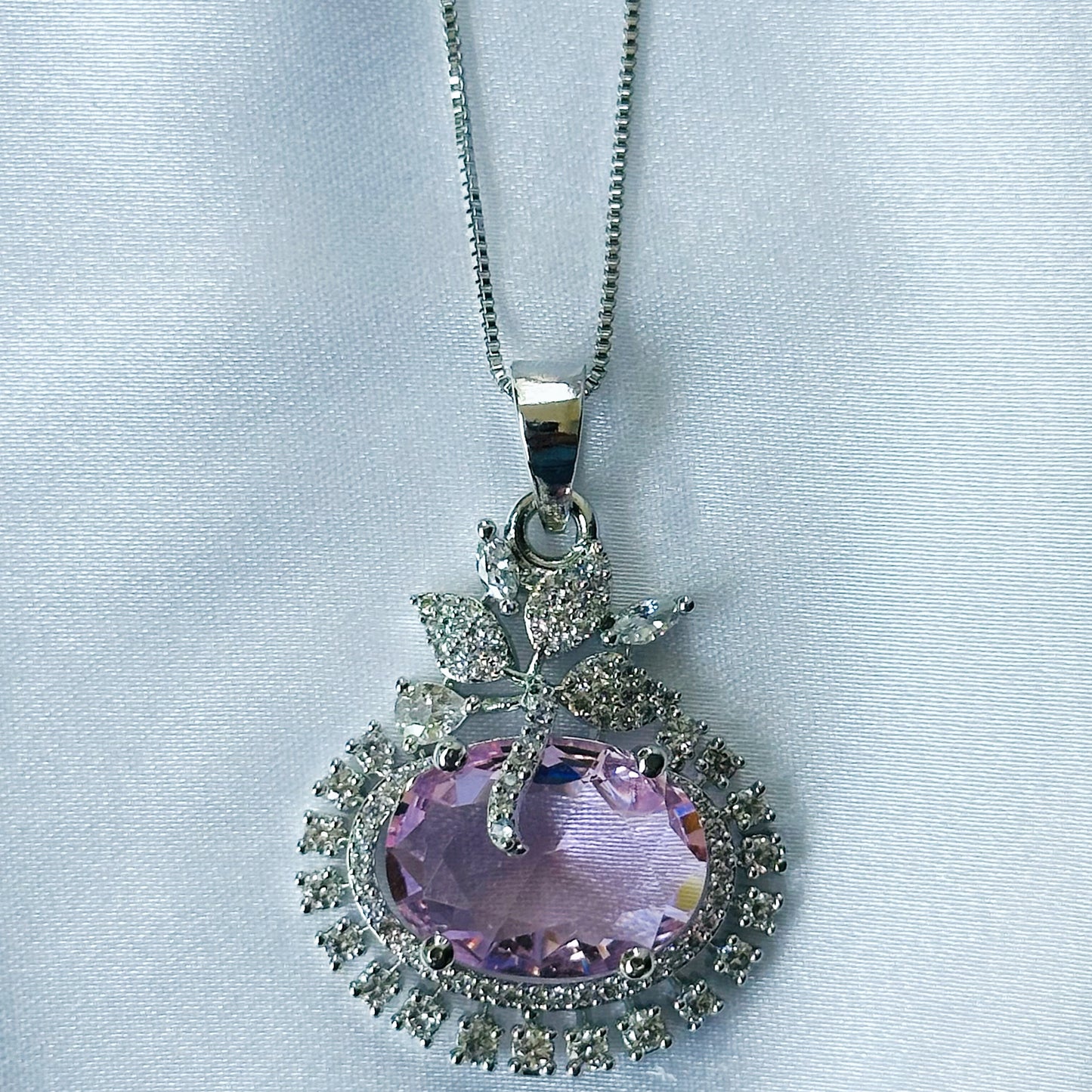 Pink Topaz Cubic Zircon American Diamond Silver Plated Pendant Set