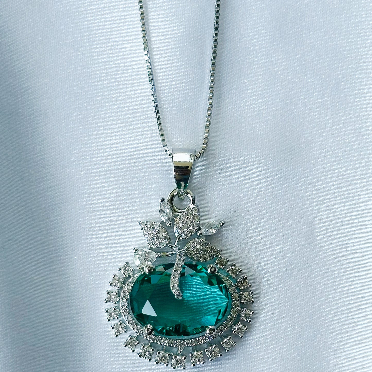 Sea Green Topaz Cubic Zircon American Diamond Silver Plated Pendant Set