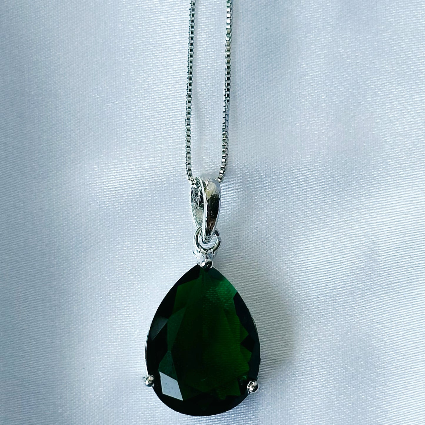 Green Emerald Cubic Zircon American Diamond Silver Plated Pendant Set