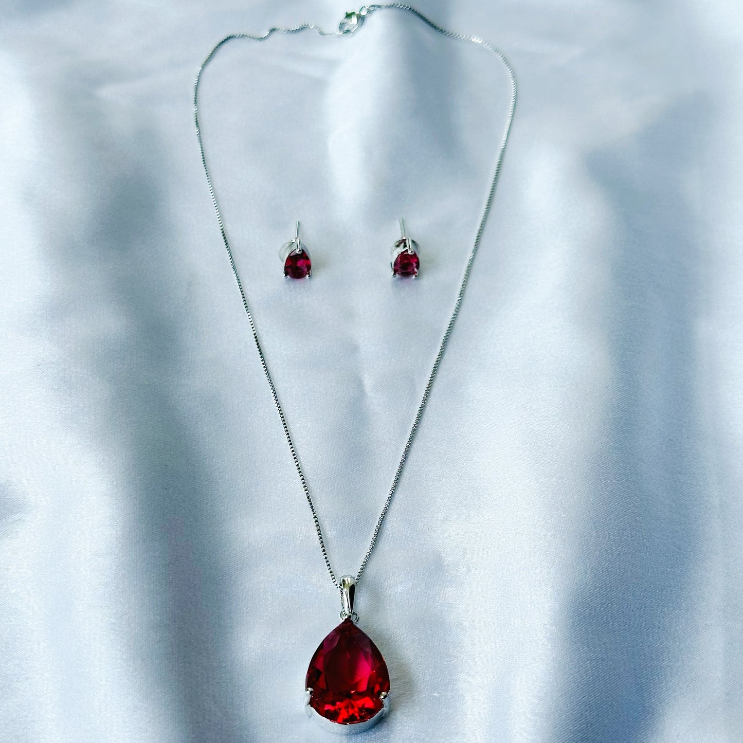 Red Ruby Cubic Zircon American Diamond Silver Plated Pendant Set