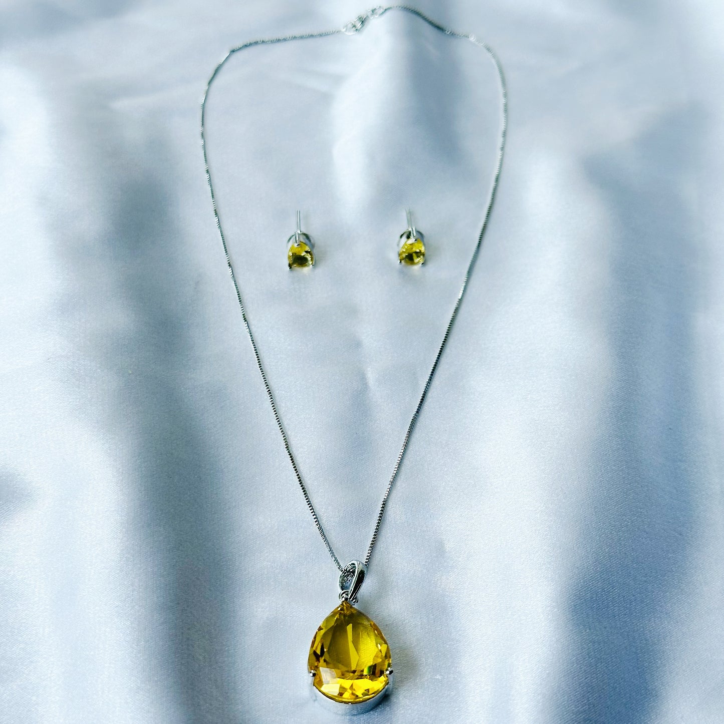 Yellow Topaz Cubic Zircon American Diamond Silver Plated Pendant Set
