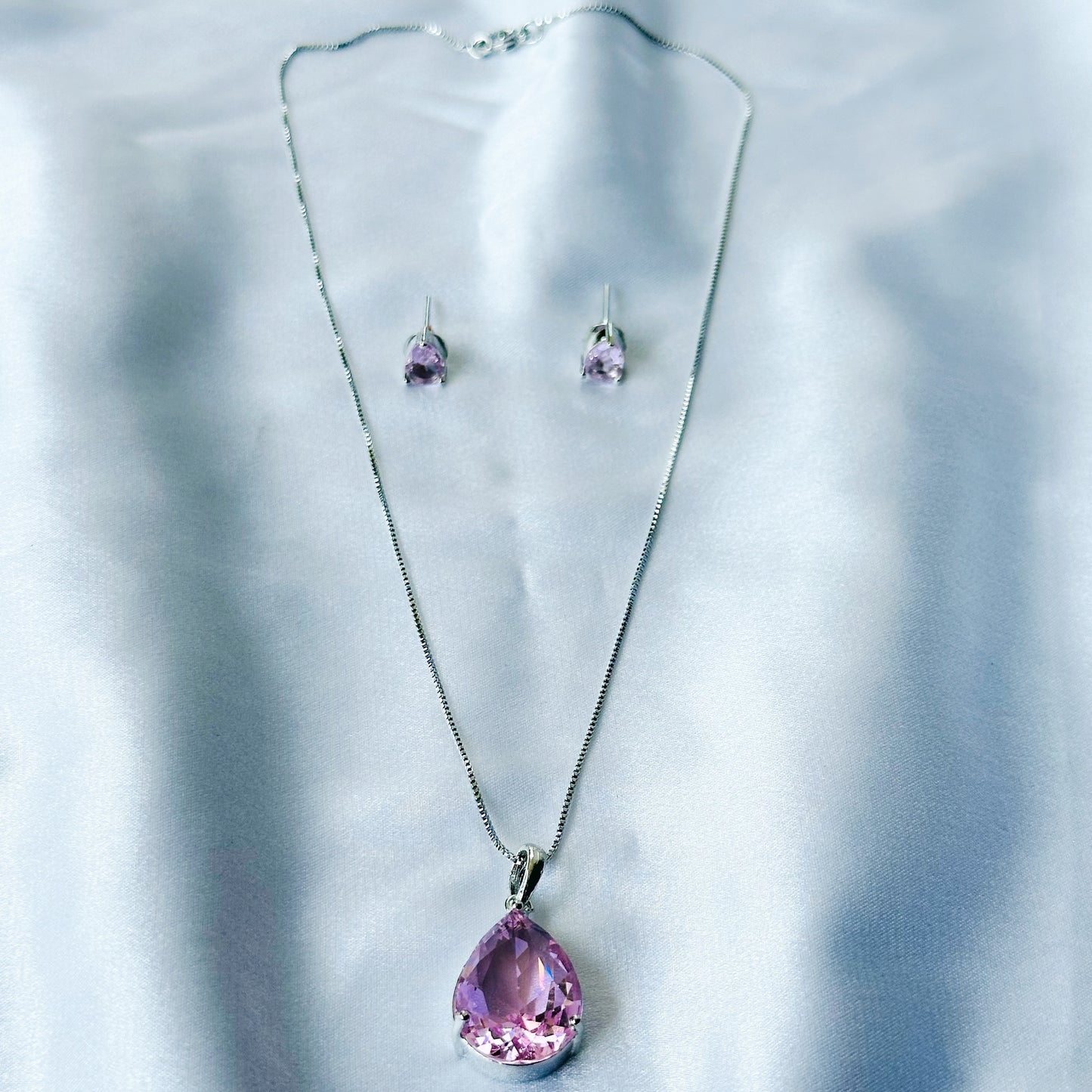 Pink Topaz Cubic Zircon American Diamond Silver Plated Pendant Set