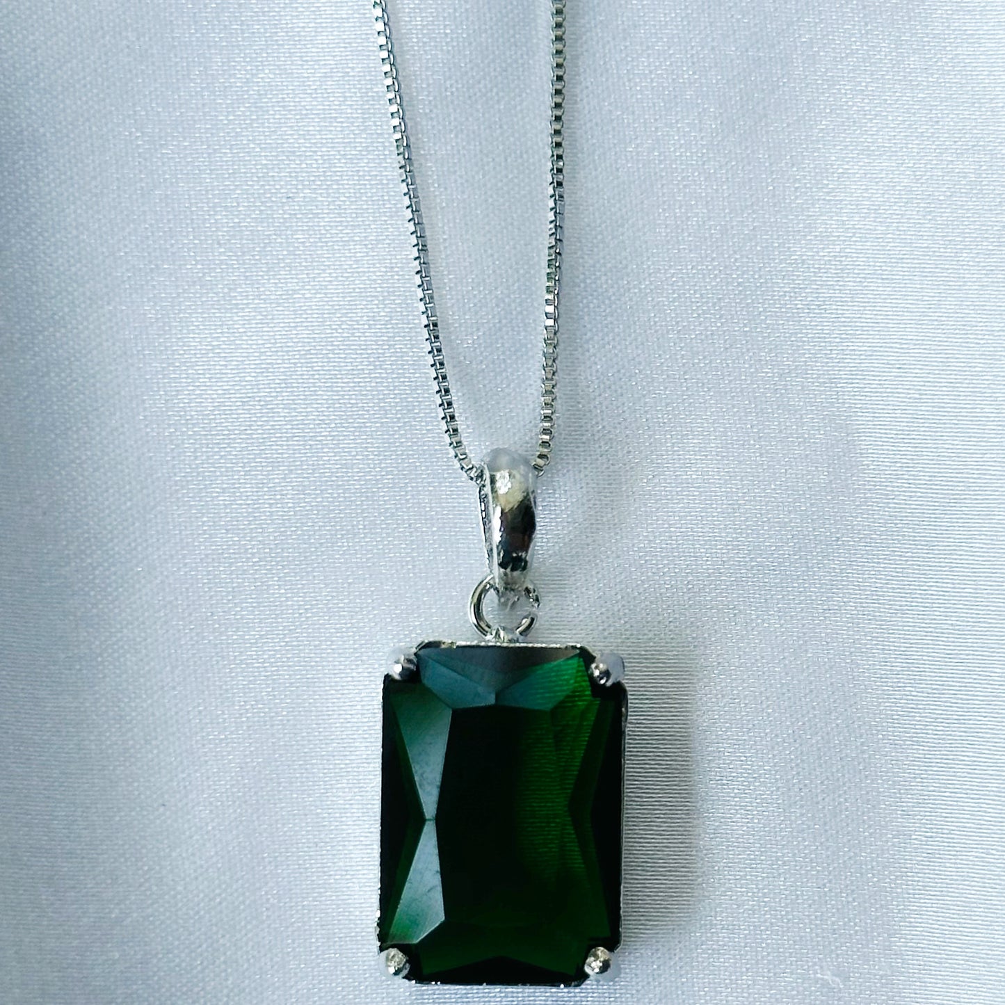 Green Emerald Cubic Zircon American Diamond Silver Plated Pendant Set