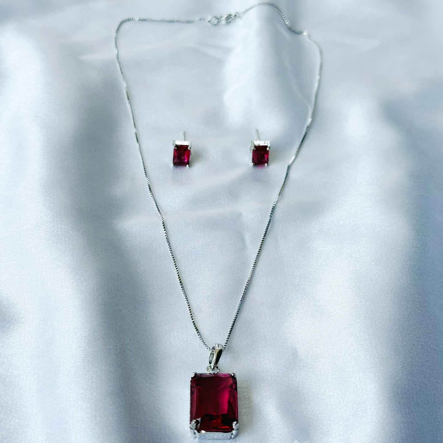 Red Ruby Cubic Zircon American Diamond Silver Plated Pendant Set