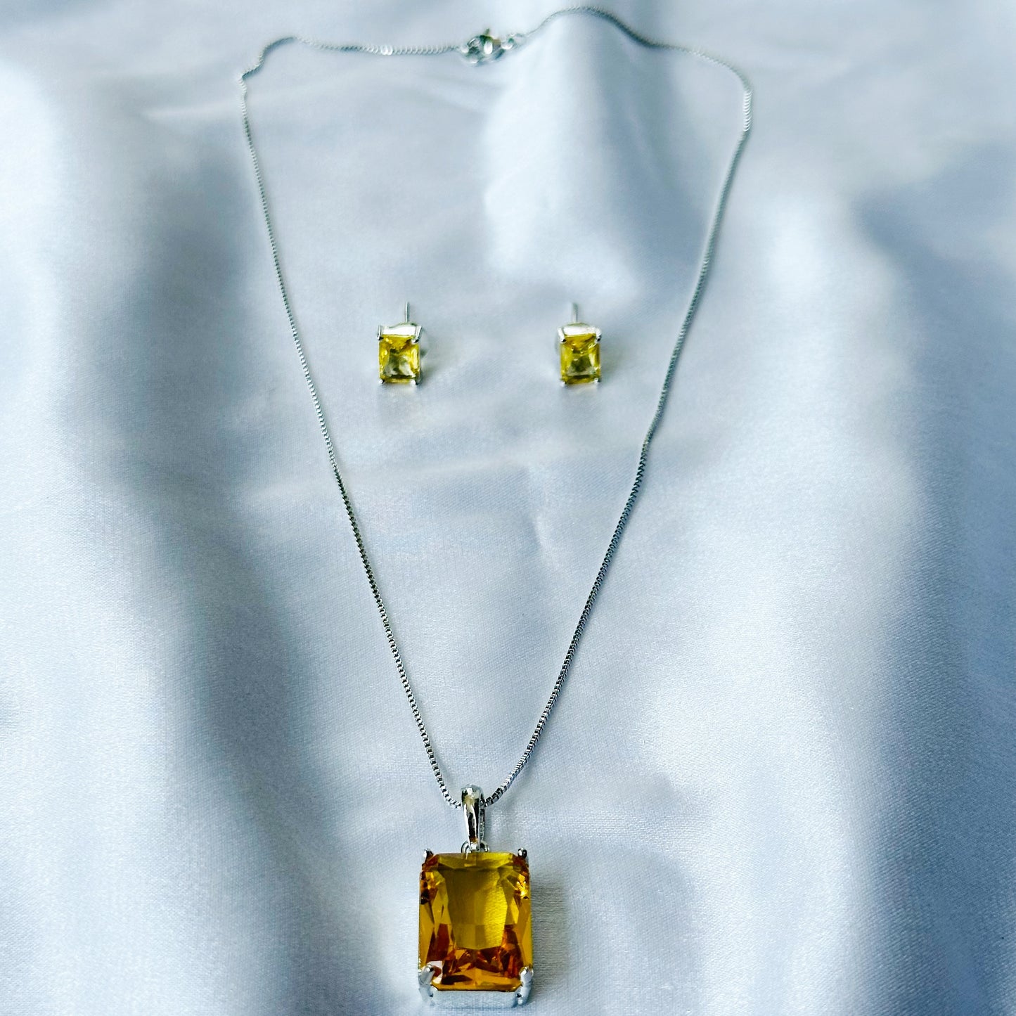 Yellow Topaz Cubic Zircon American Diamond Silver Plated Pendant Set