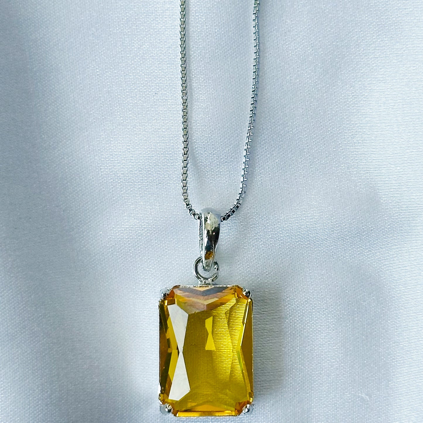 Yellow Topaz Cubic Zircon American Diamond Silver Plated Pendant Set