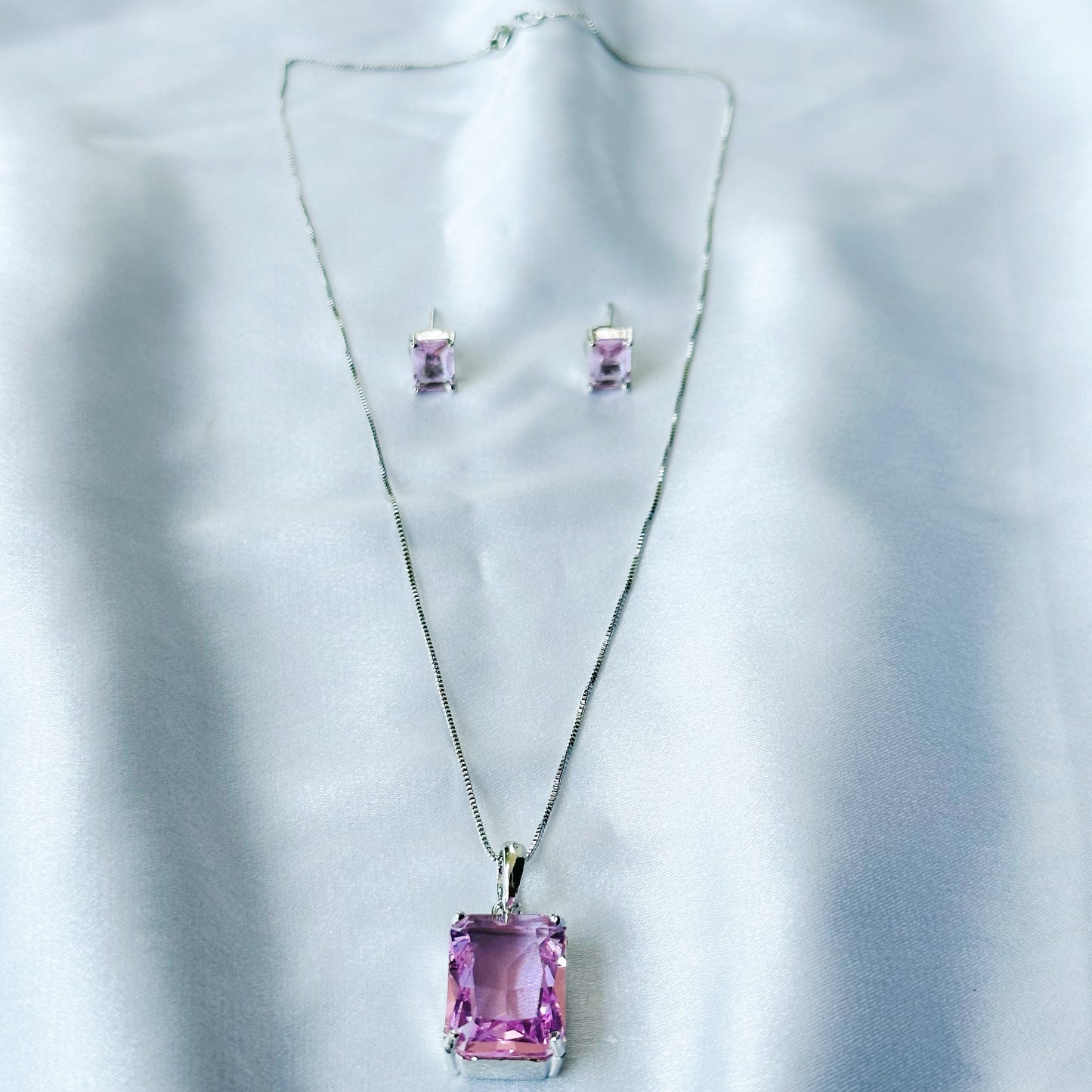 Pink Topaz Cubic Zircon American Diamond Silver Plated Pendant Set