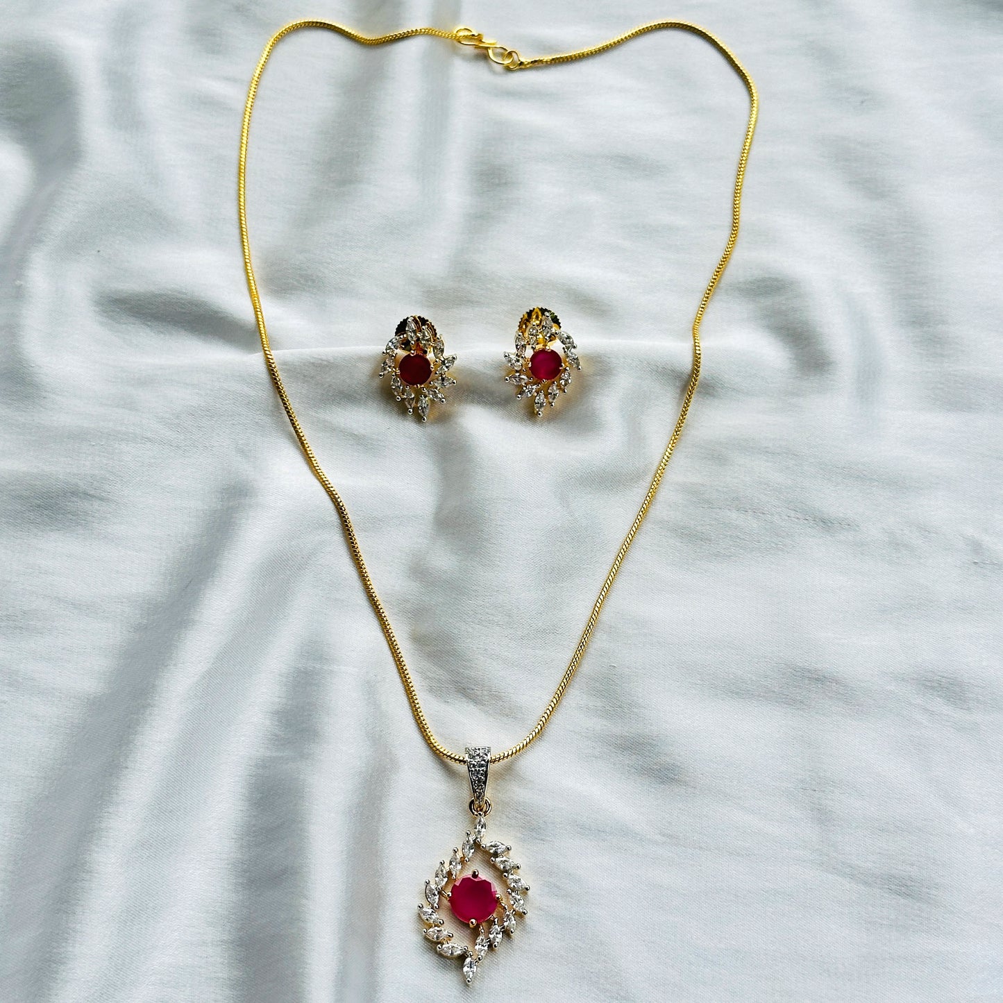 Red Ruby Cubic Zircon American Diamond Gold Plated Pendant Set