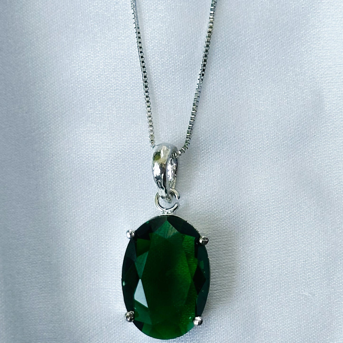 Green Emerald Cubic Zircon American Diamond Silver Plated Pendant Set