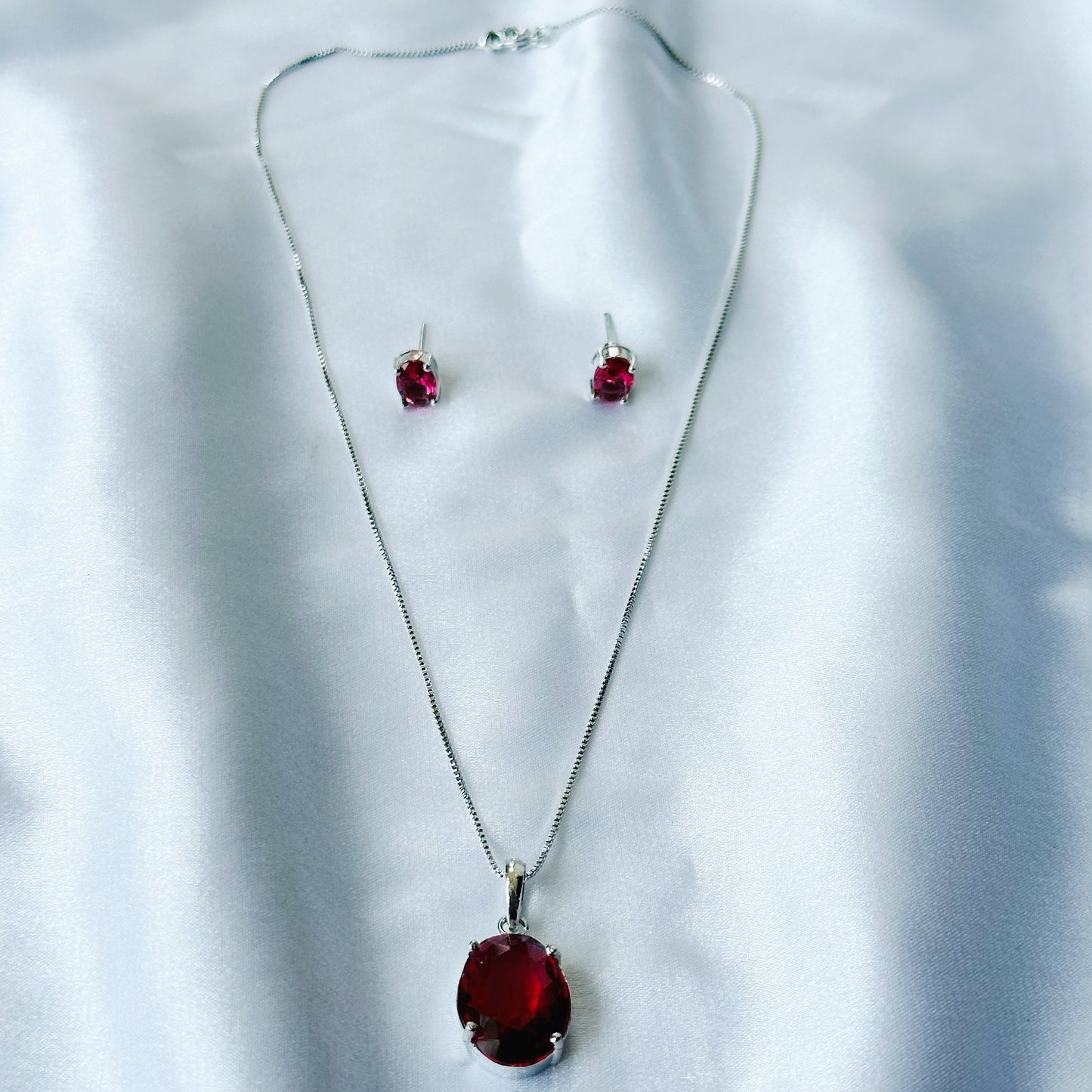 Red Ruby Cubic Zircon American Diamond Silver Plated Pendant Set