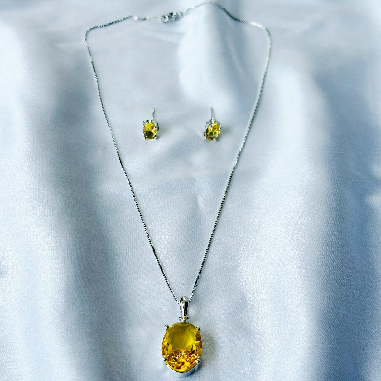 Yellow Topaz Cubic Zircon American Diamond Silver Plated Pendant Set