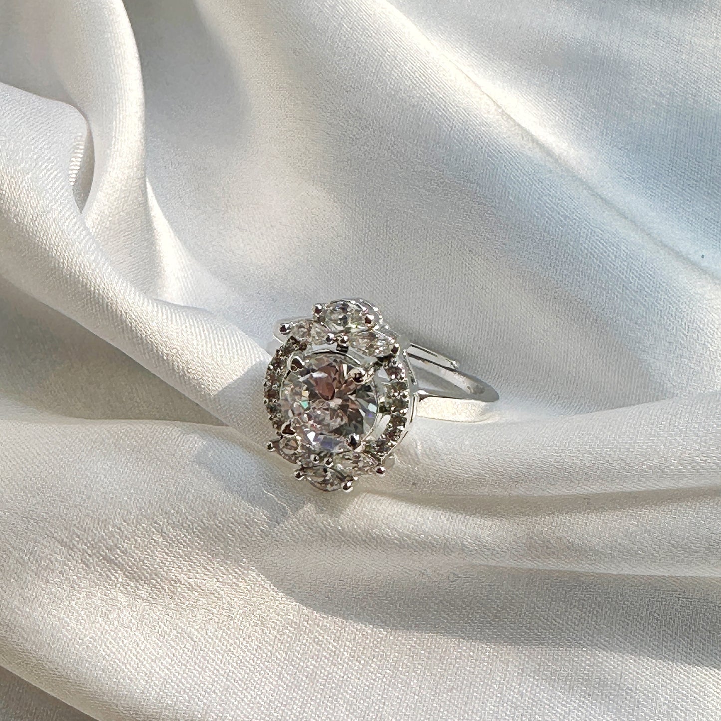 American Diamond Silver Plated Adjustable Ring