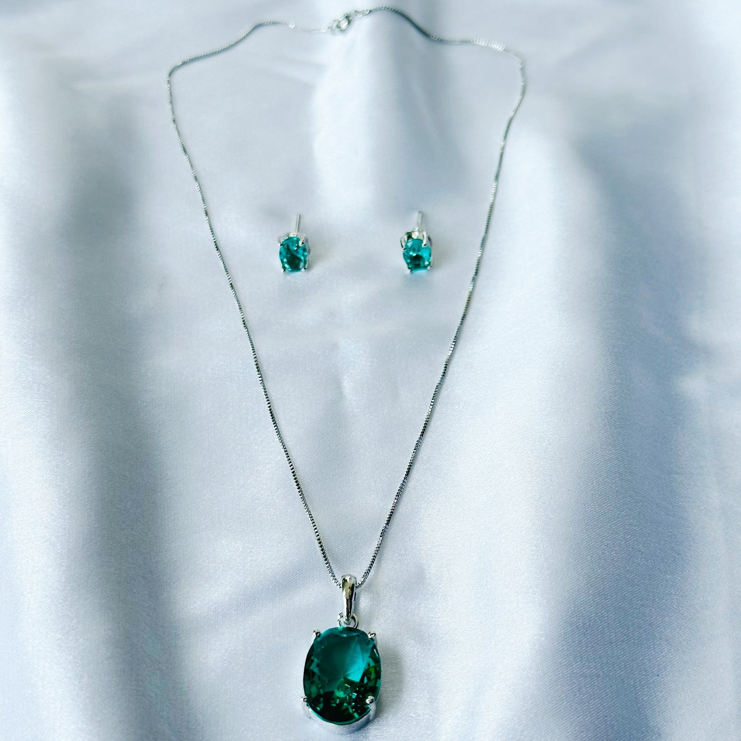 Sea Green Topaz Cubic Zircon American Diamond Silver Plated Pendant Set