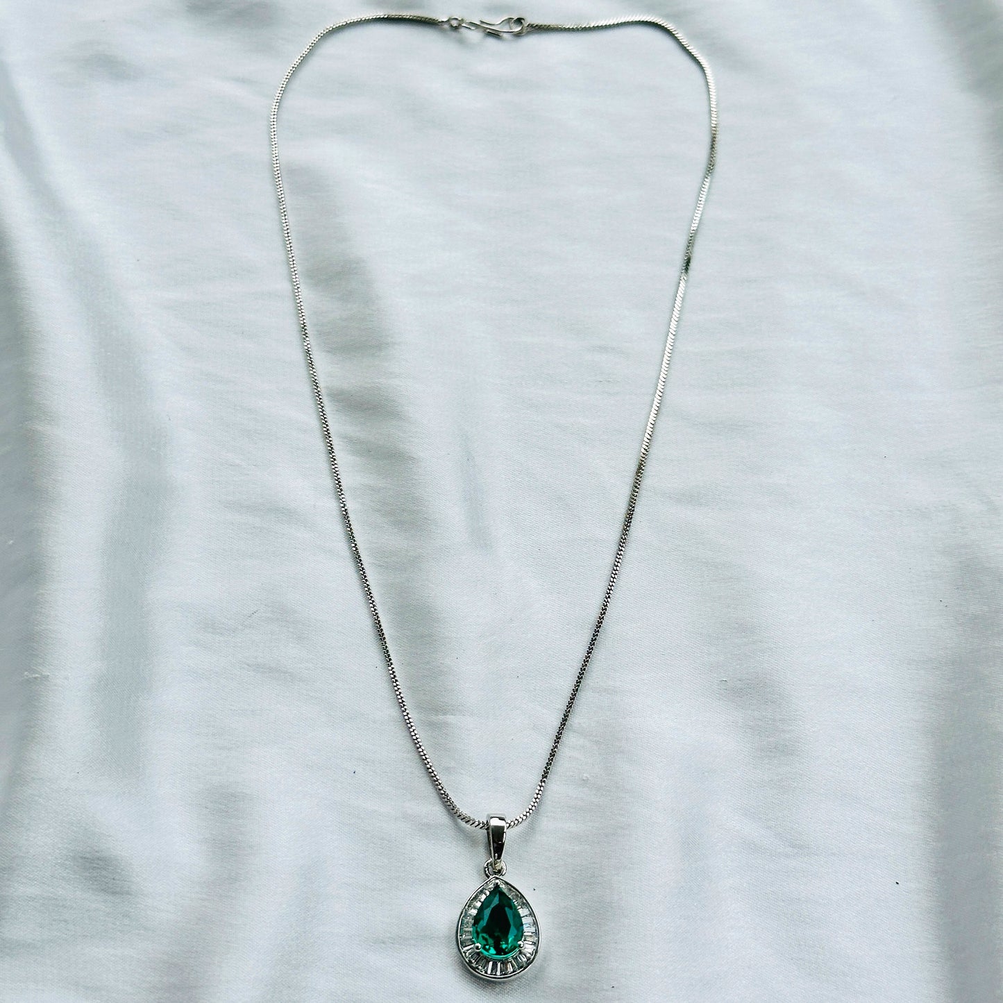 Sea Green Topaz Cubic Zircon American Diamond Silver Plated Pendant Set