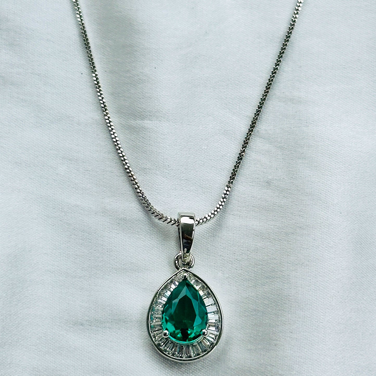 Sea Green Topaz Cubic Zircon American Diamond Silver Plated Pendant Set