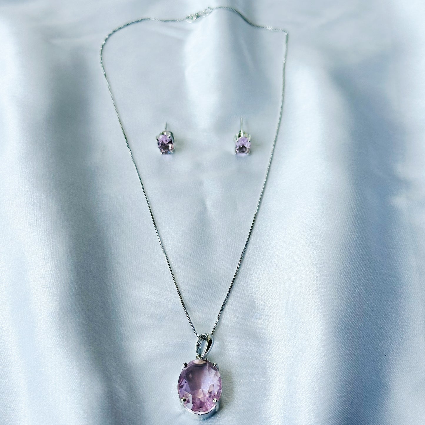 Pink Topaz Cubic Zircon American Diamond Silver Plated Pendant Set