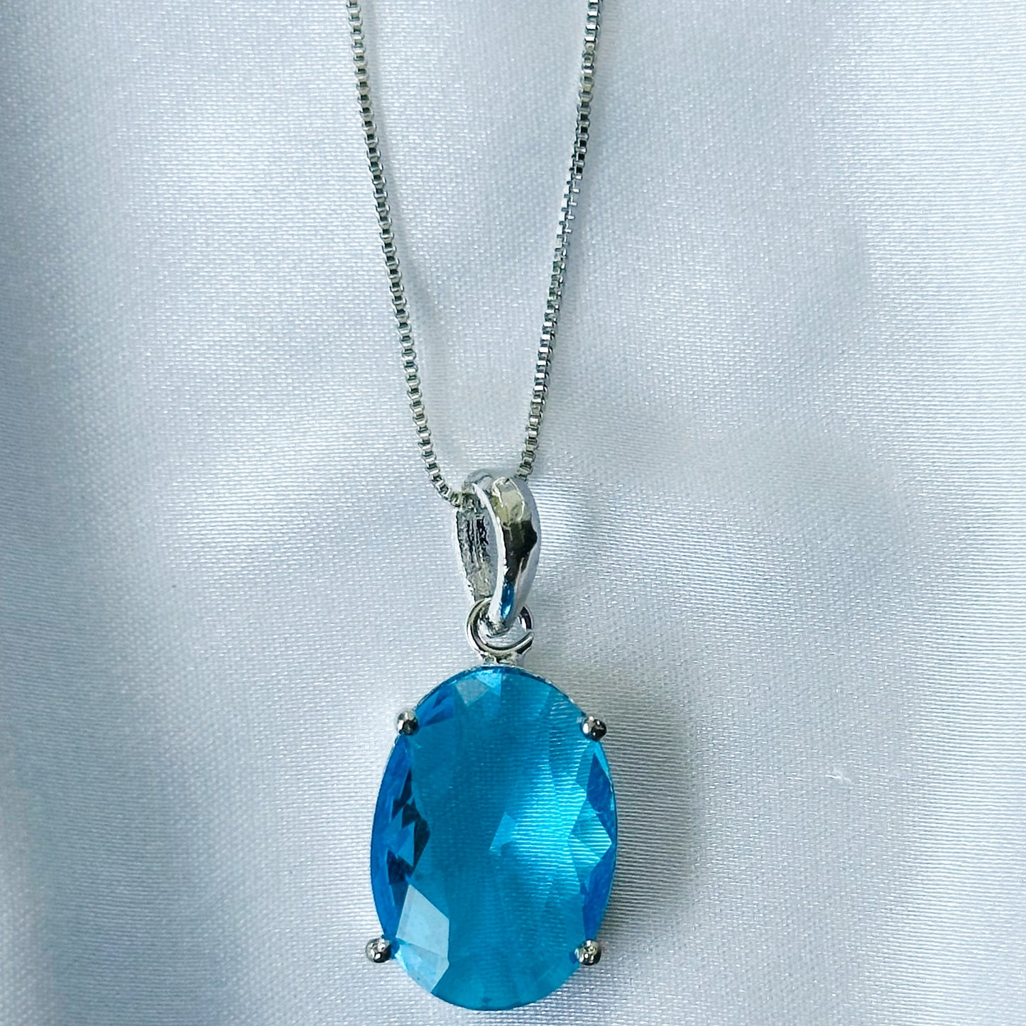 Aqua Blue Sapphire Cubic Zirconia American Diamond Silver Plated Pendant Set