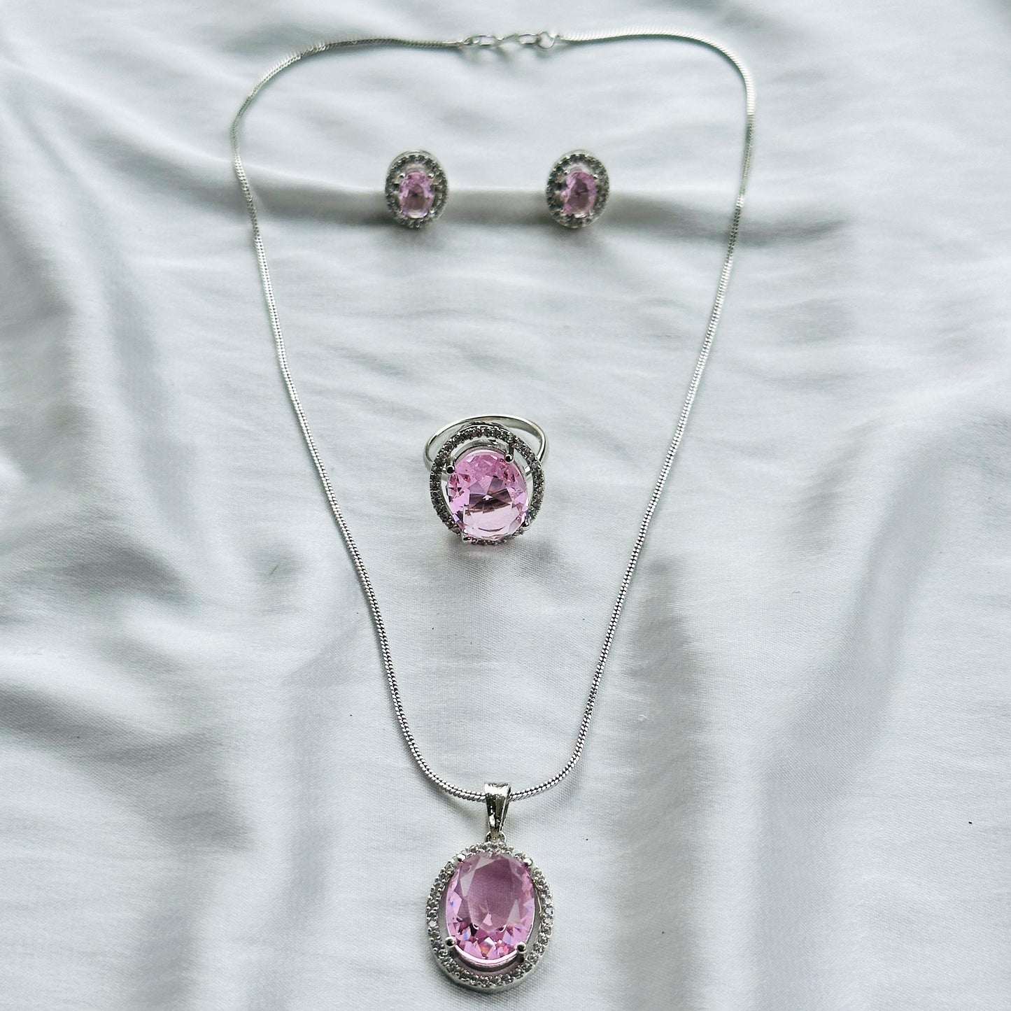 Pink Topaz Cubic Zircon American Diamond Silver Plated Pendant Set Combo