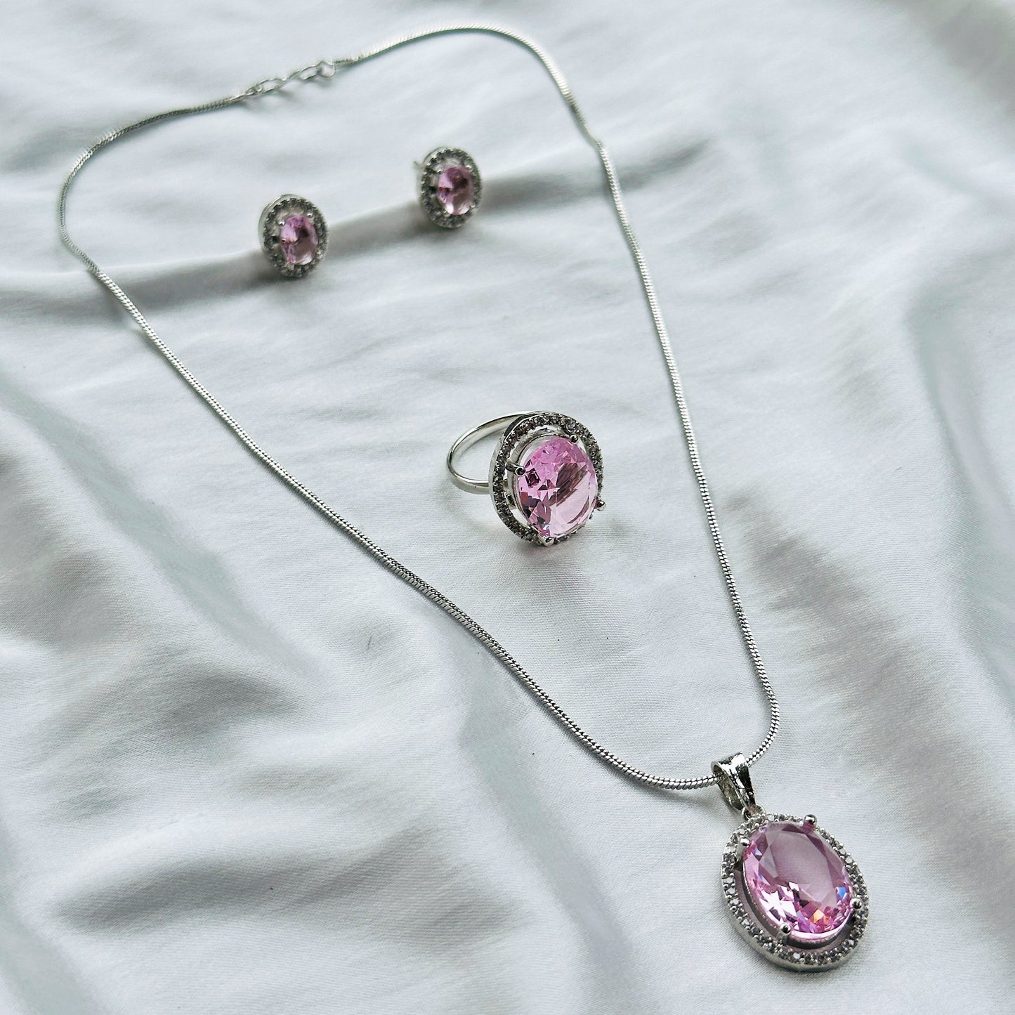 Pink Topaz Cubic Zircon American Diamond Silver Plated Pendant Set Combo