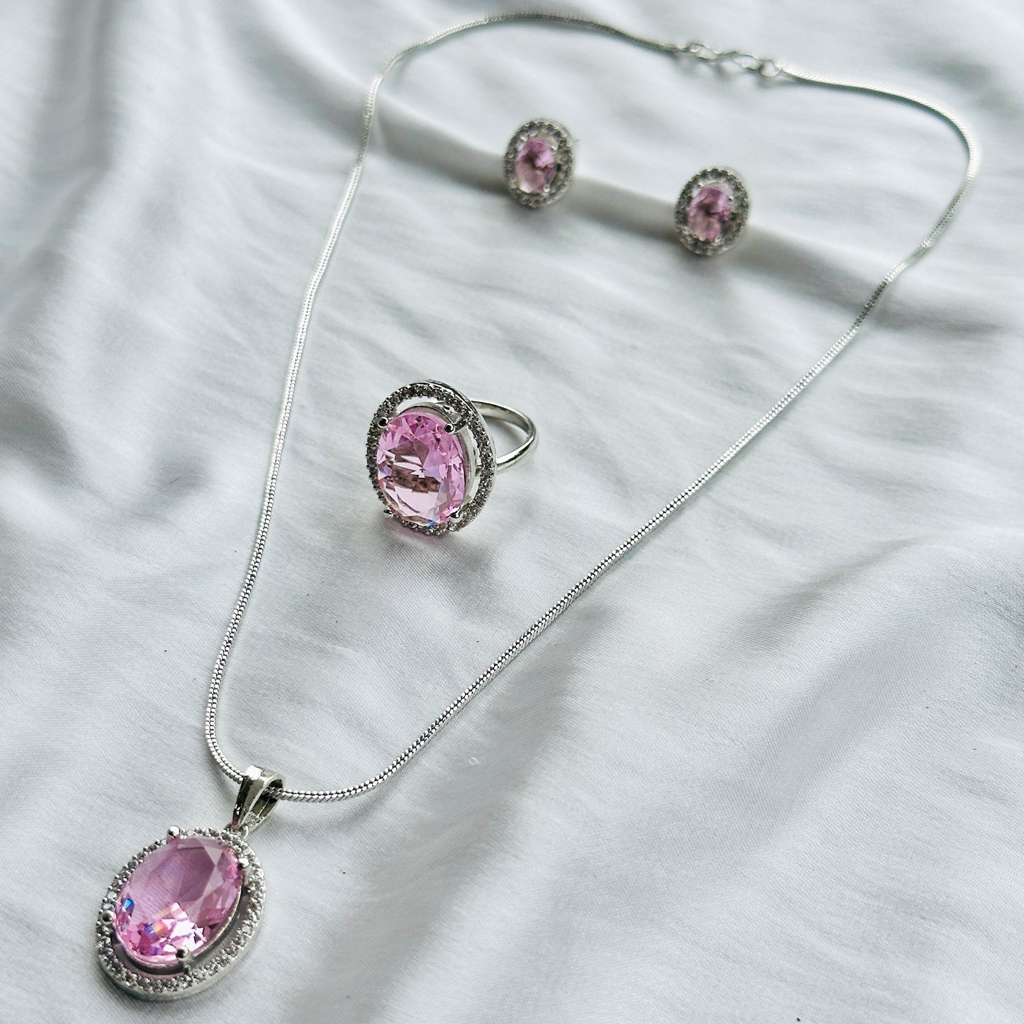 Pink Topaz Cubic Zircon American Diamond Silver Plated Pendant Set Combo