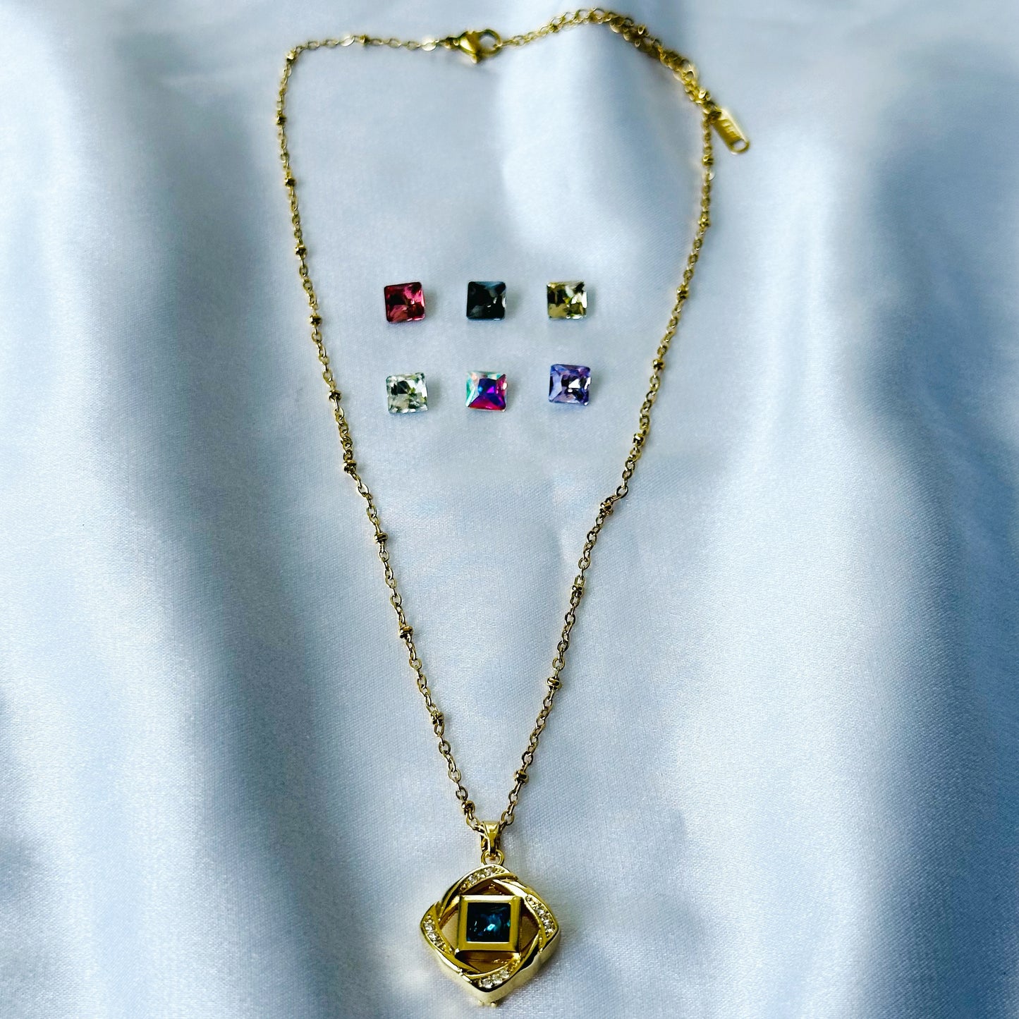 DIY 7 Interchangeable American Diamond Stones Gold Plated Necklace