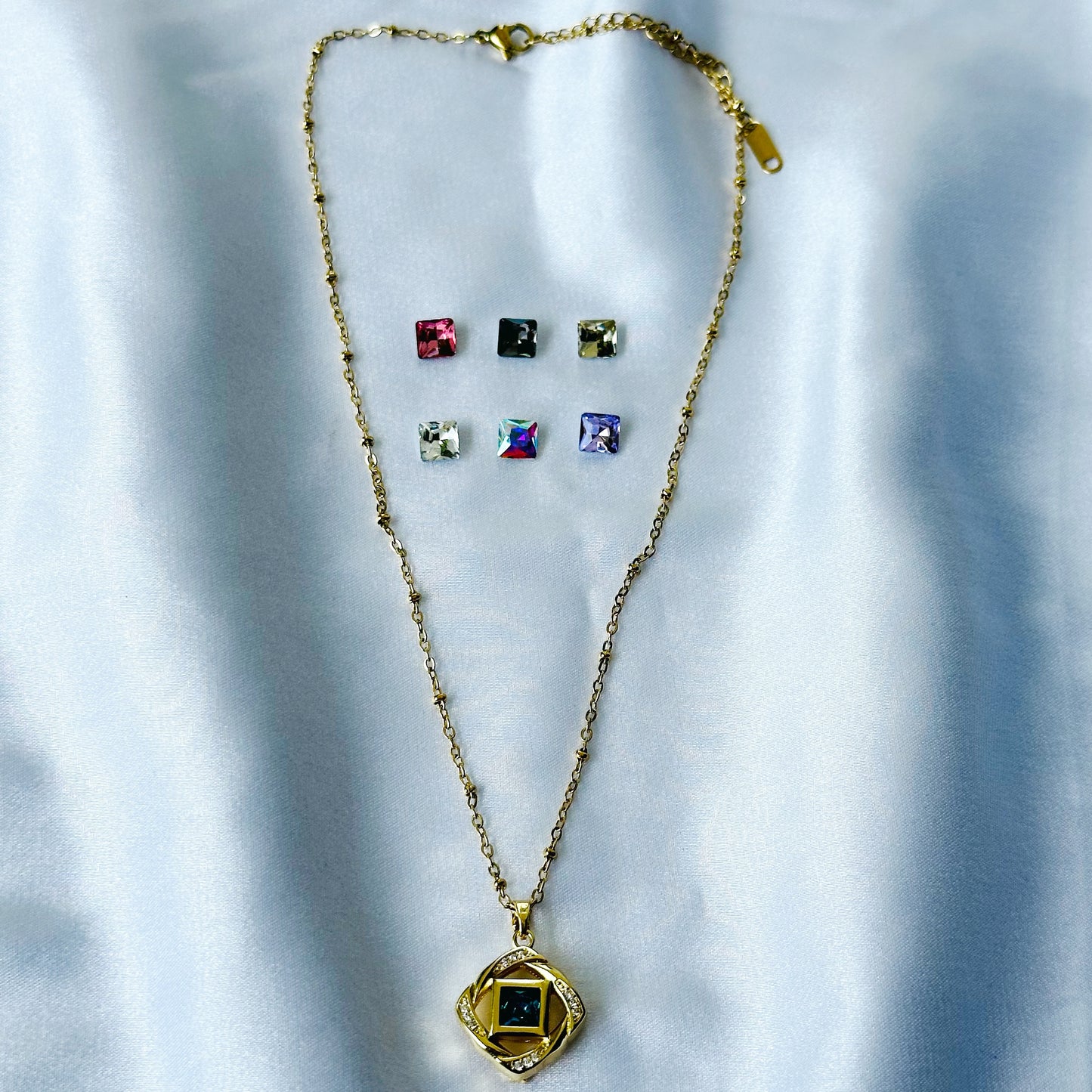DIY 7 Interchangeable American Diamond Stones Gold Plated Necklace