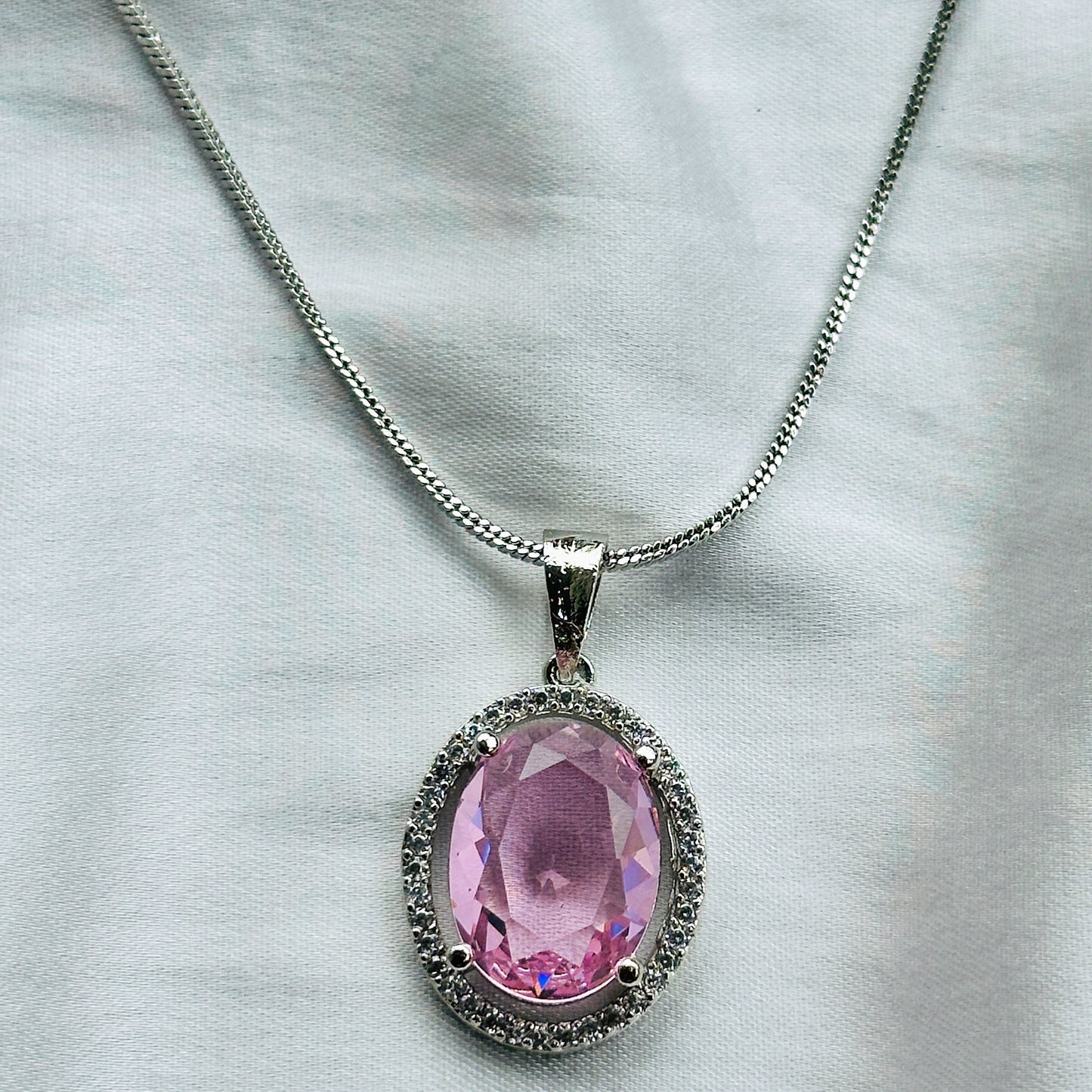 Pink Topaz Cubic Zircon American Diamond Silver Plated Pendant Set Combo