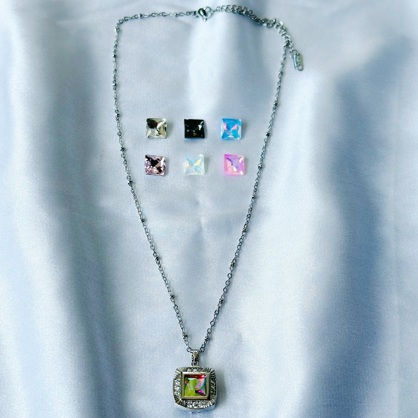 DIY 7 Interchangeable American Diamond Stones Silver Plated Necklace