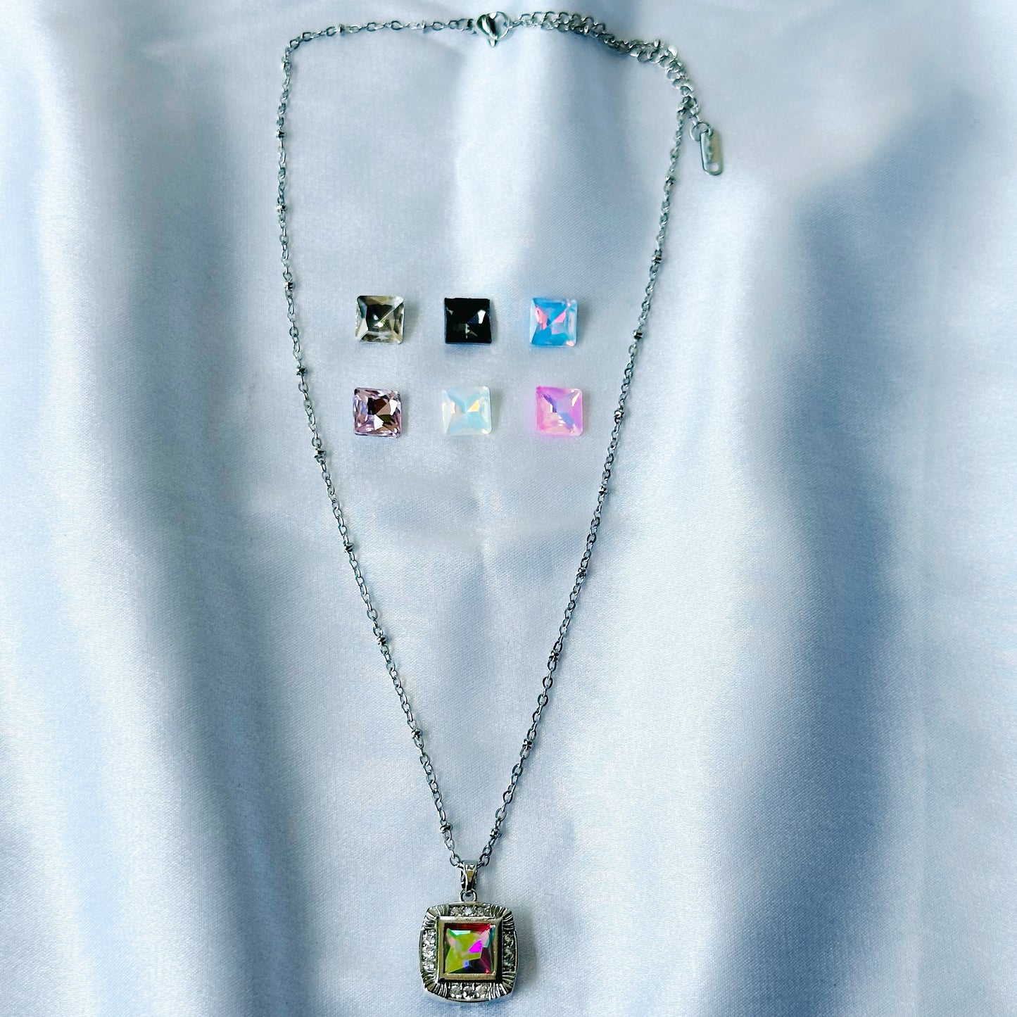 DIY 7 Interchangeable American Diamond Stones Silver Plated Necklace