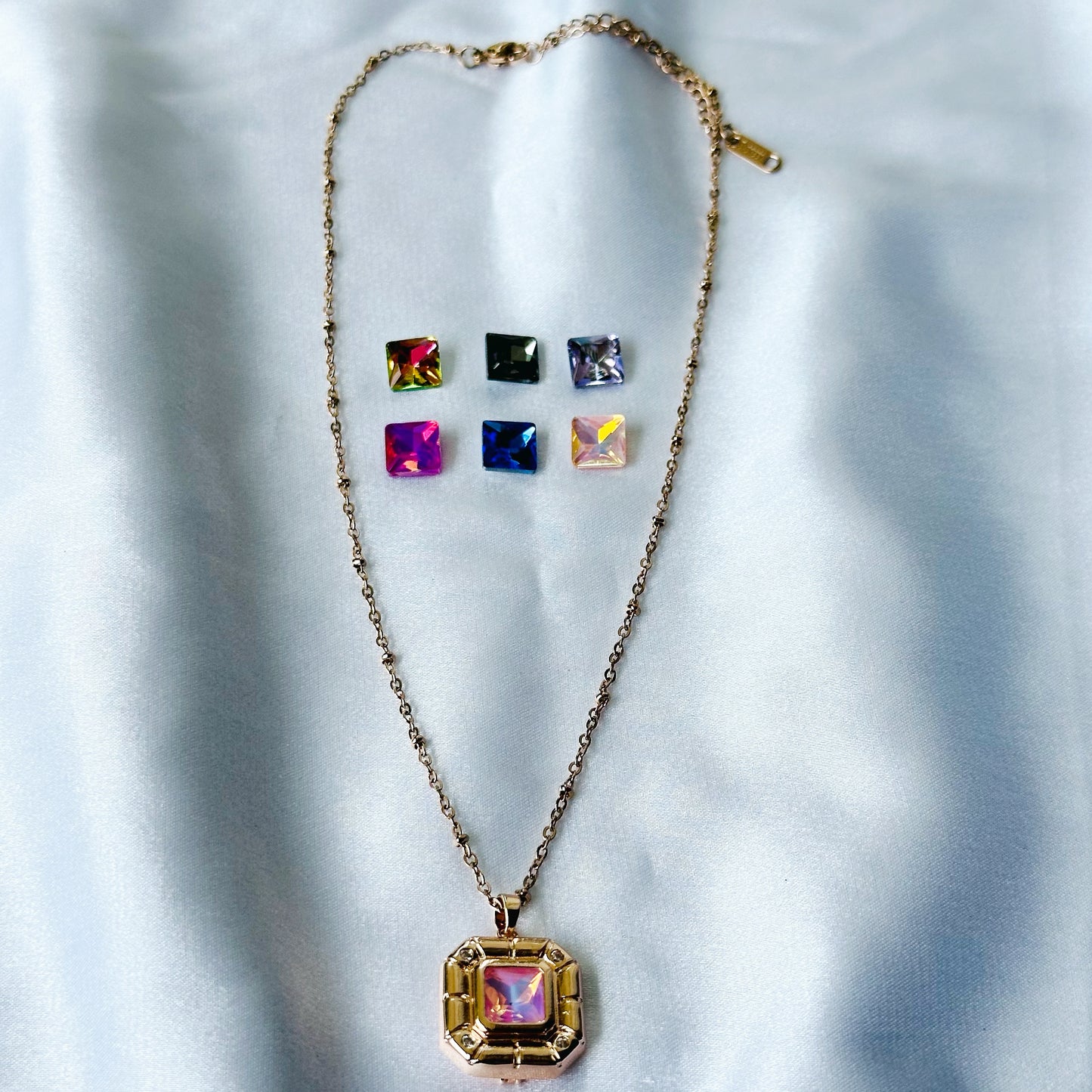 DIY 7 Interchangeable American Diamond Stones Rose Gold Plated Necklace