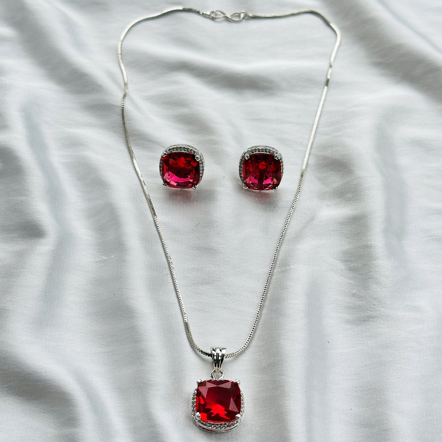 Red Ruby Cubic Zircon American Diamond Silver Plated Pendant Set