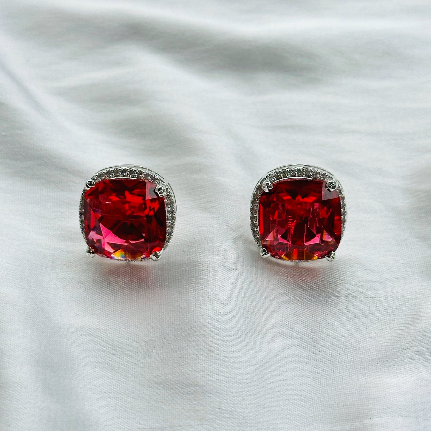 Red Ruby Cubic Zircon American Diamond Silver Plated Pendant Set