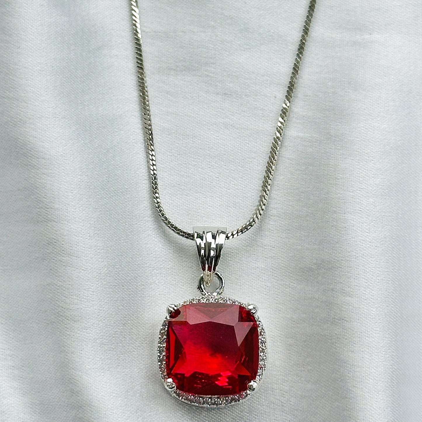 Red Ruby Cubic Zircon American Diamond Silver Plated Pendant Set